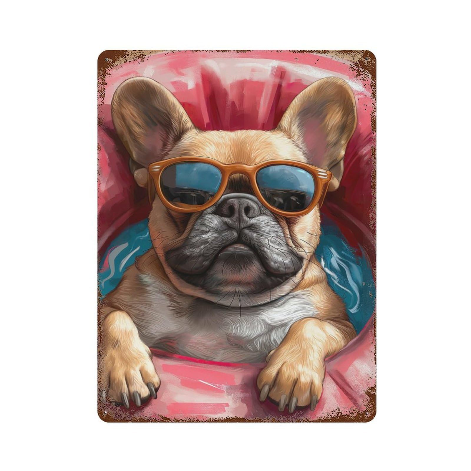 The Cool Pool Pug Rustic Tin Plaque 15.7"x11.8", Ideal for Shed, Workshop And Garage Wall Decor