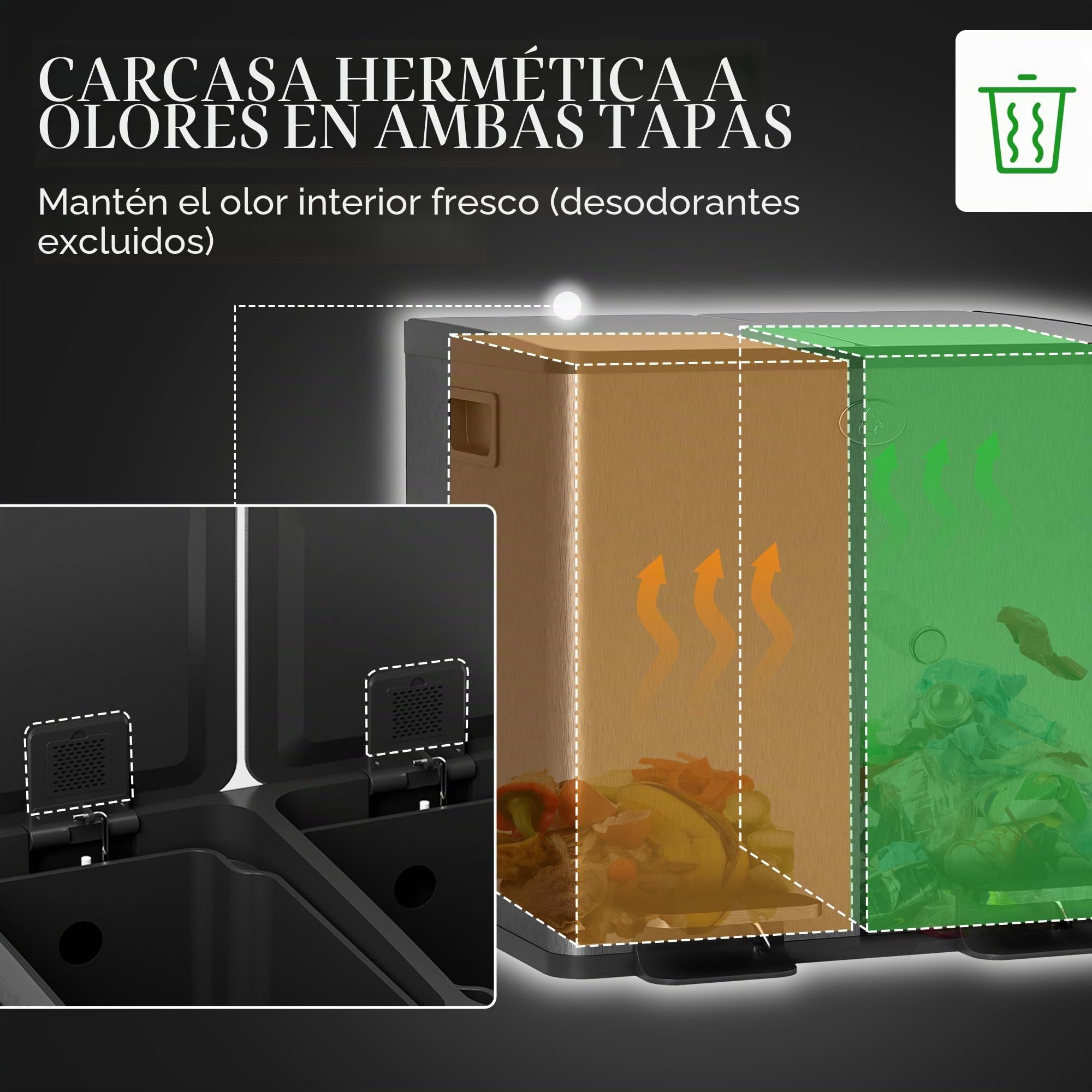 HOMCOM Cubo doble de cocina 2x15L, acero inoxidable, tapa suave, Negro | Cubo de basura doble, cubos interiores extraíbles, resistente a huellas, para reciclaje y residuos