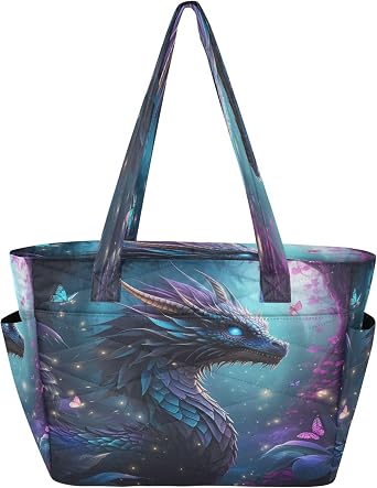 Magic Dragon Puffer Tote Bag for Women, Lightweight Work Bag with Pockets, Quilted Laptop Fashion Handbag for Travel College Gym