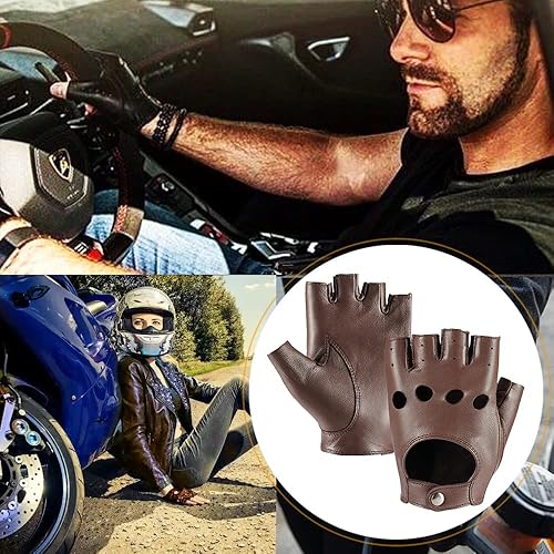 Miniatura 3 de MGGMOKAY Guantes de conducción de cuero sin dedos para mujer, suave piel de oveja, medio dedo, guantes de ciclismo sin forro
