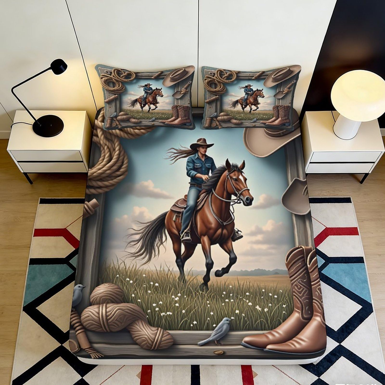 Jqzkxnhpbr Style-3 3D Printed Cowboy Horse Fitted Sheet Microfiber Western Ranch Bed Cover For Bedroom, Dorm, Guest Room Decor 90X200x25cm