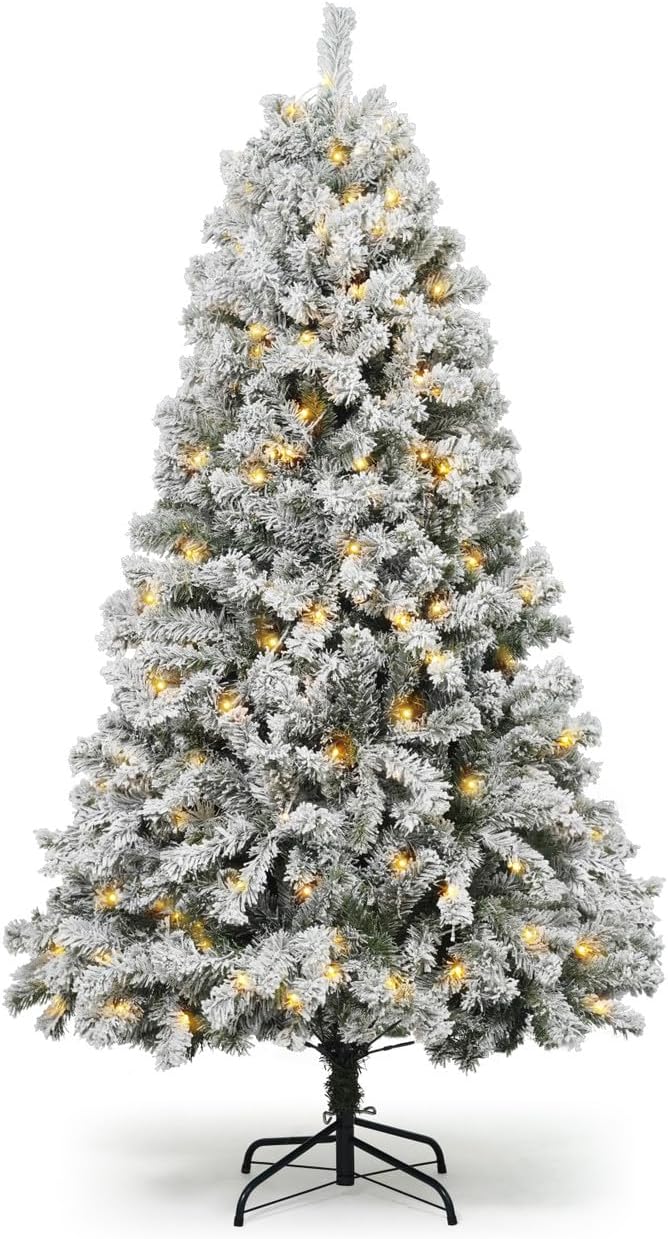 CAPHAUS Artificial PreLit Snow Flocked Christmas Tree, Pre