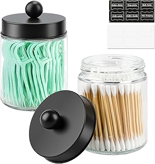 2-Pack Bathroom Glass Storage Jars, Small Apothecary Jars with Lids, Glass Qtip Holder, Cute Bathroom Canisters, Cotton Swab Holder, bathroom countertop organizer with 12 Lables (9 Oz, Clear)