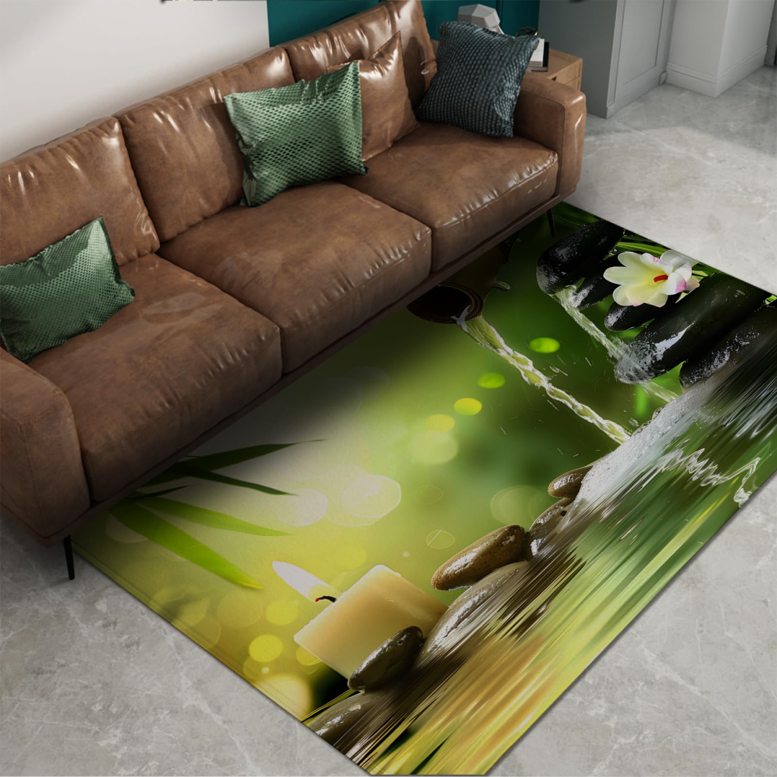 Méditation Art Tapis lavables Pierres et écoulement d’Eau Feuilles de Bambou Impression Réduction du Bruit Tapis antidérapant pour la décoration intérieure de la pièce 120x180cm