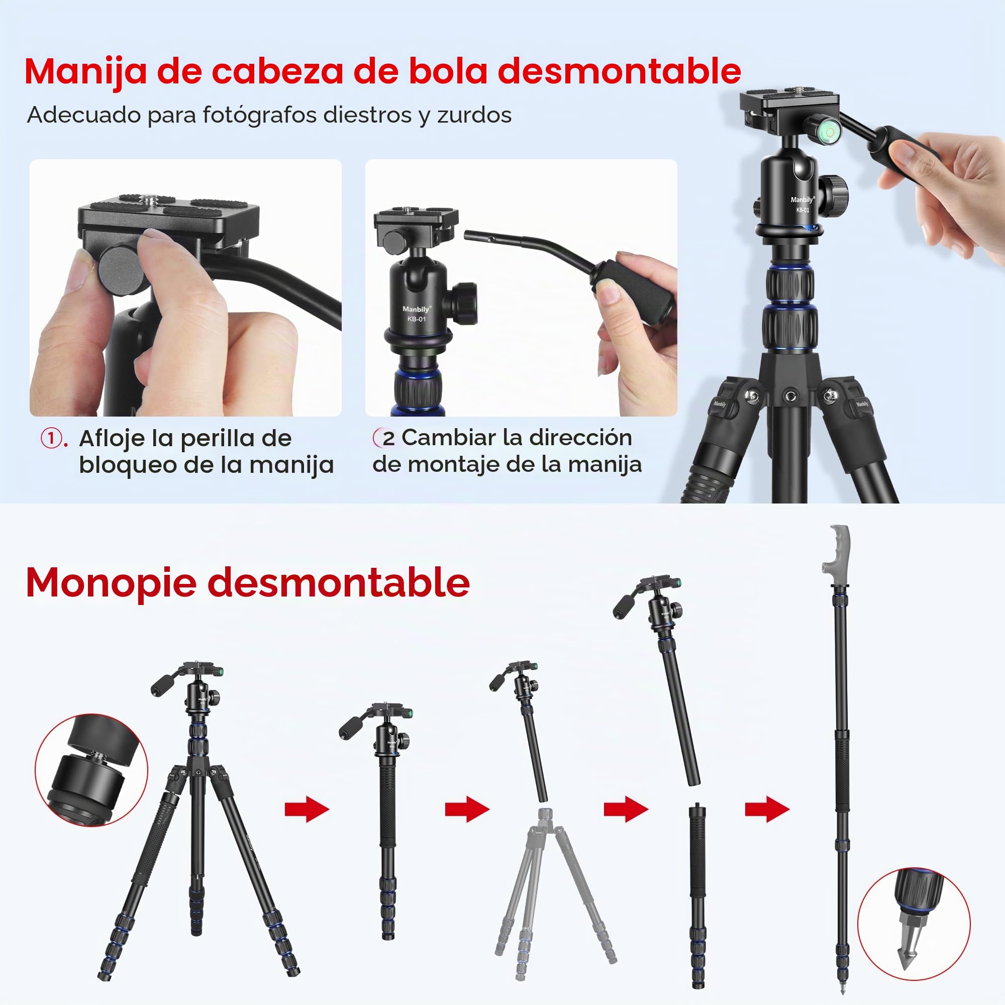 Manbily Trípode para Cámara 42-188cm de Aluminio con 360° Cabeza de Bola con Mango, y Monopié MAX. 195cm para Viaje Compacto para DSLR Cámara Video Clip de Móvil Canon Nikon Sony (MA-255L) Azul