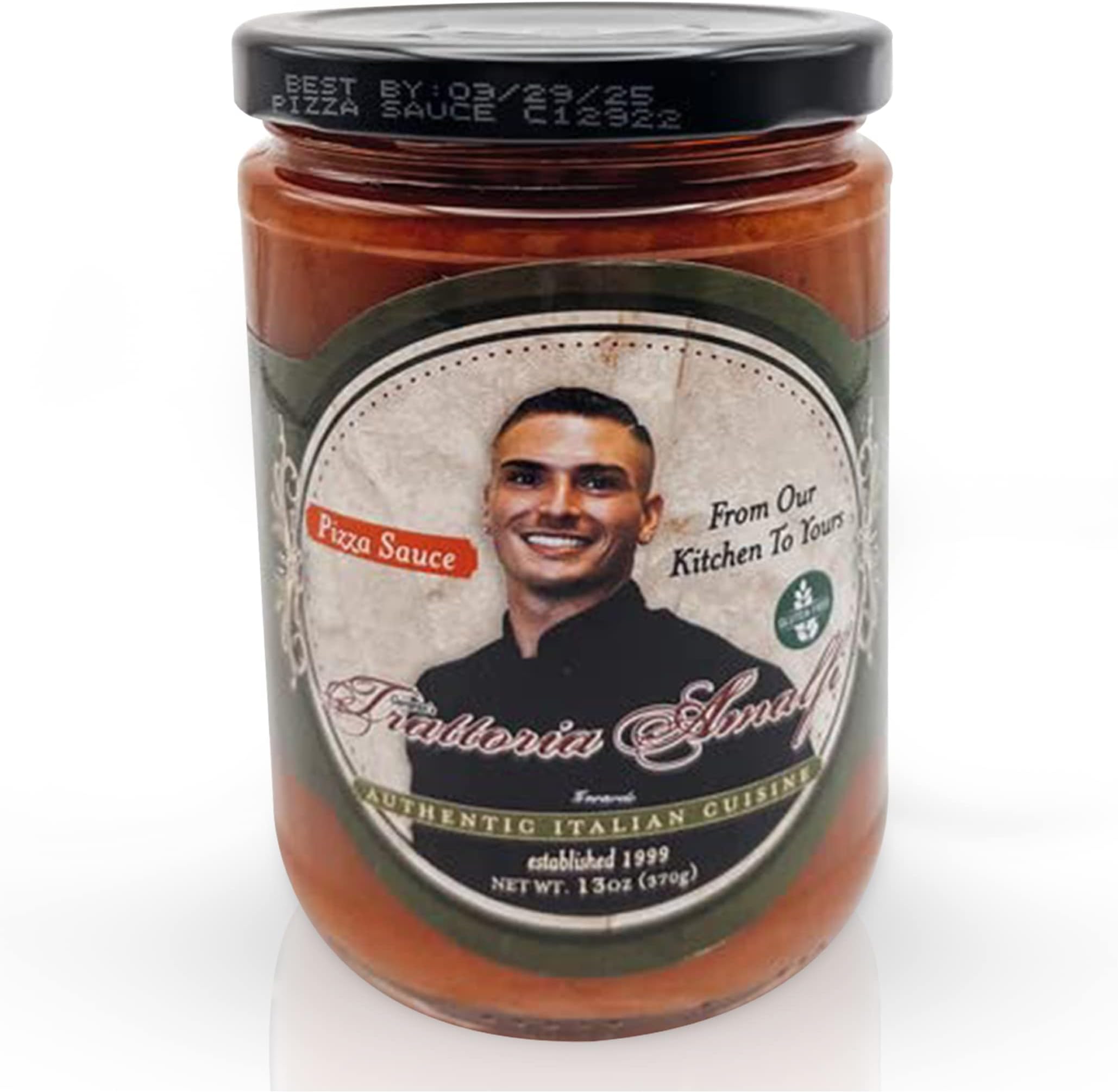 Trattoria AmalfiGourmet Authentic Italian Pizza Sauce, Naturally Gluten Free Tomato Sauce, Made from Whole, Fresh Ingredients, Family Size 13 oz. Jar
