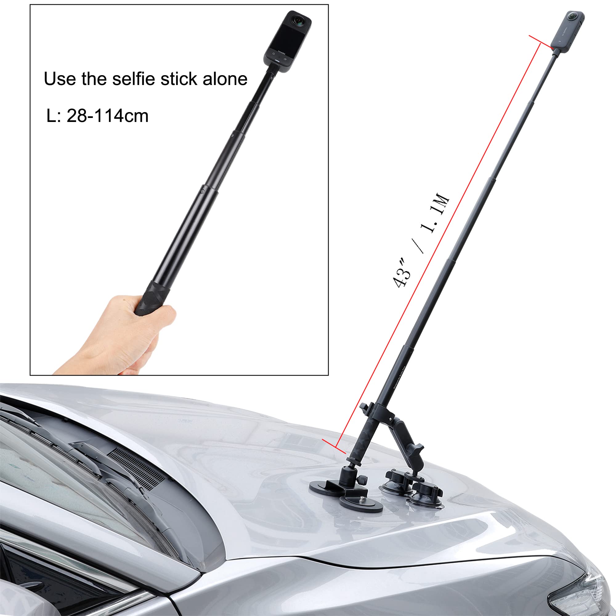 PellKing Kit di supporto per auto per fotocamera Insta360 DJI OSMO 360, 4 in 1, con ventosa magnetica e bastone invisibile per selfie da 114 cm, per fotocamera Insta360 X5, X4, X3, X2, X, GO 3, ONE RS