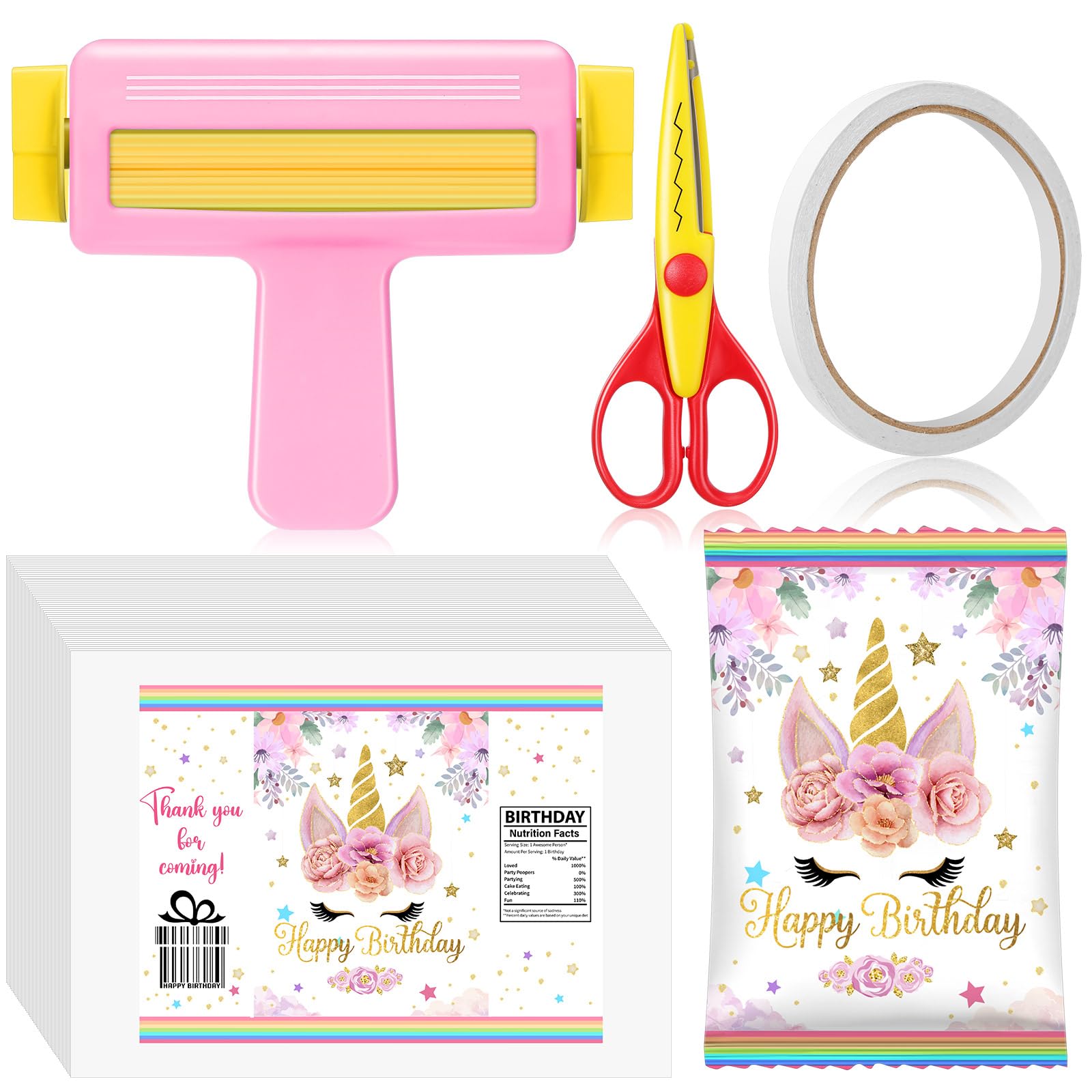 Gilprop Paper Crimper, Pinking Shears, 30 Sheets Cute Glossy Thin Inkjet Paper, Double Sided Tape for Crafts Birthday Party Supplies for Chip Bag