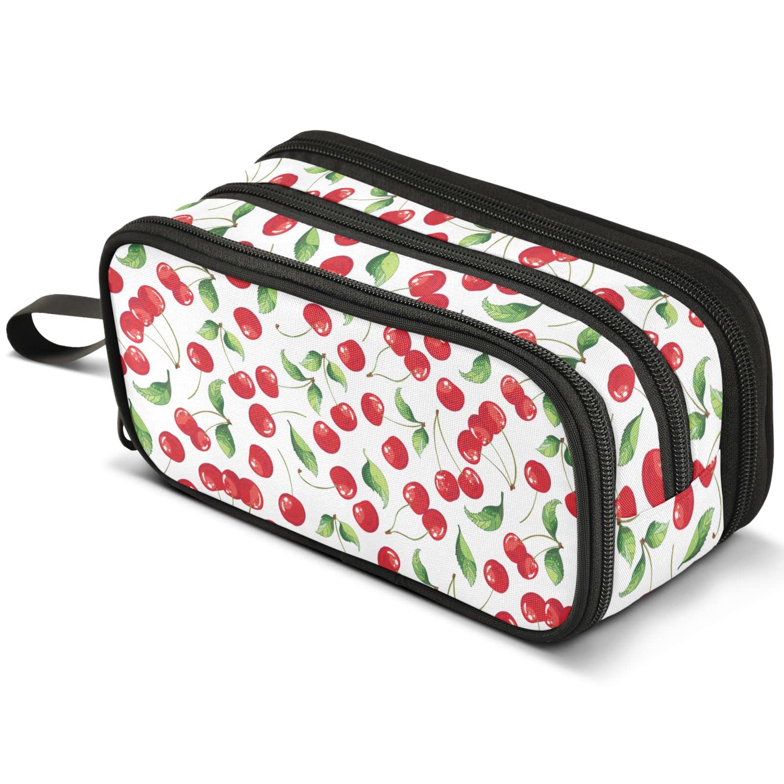 Mnsruu Cherries Leaves Pencil Case Large Capacity Pen Pouch Makeup Bag with 3 Compartments Pen Holder Organizer Stationery Bag for Girls Womens — image 1