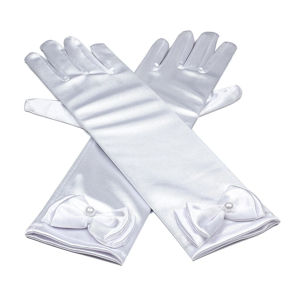 Runheng Girls White Kids Stretchy Satin Long Finger Dress Gloves (White)(Size: 29Cm)