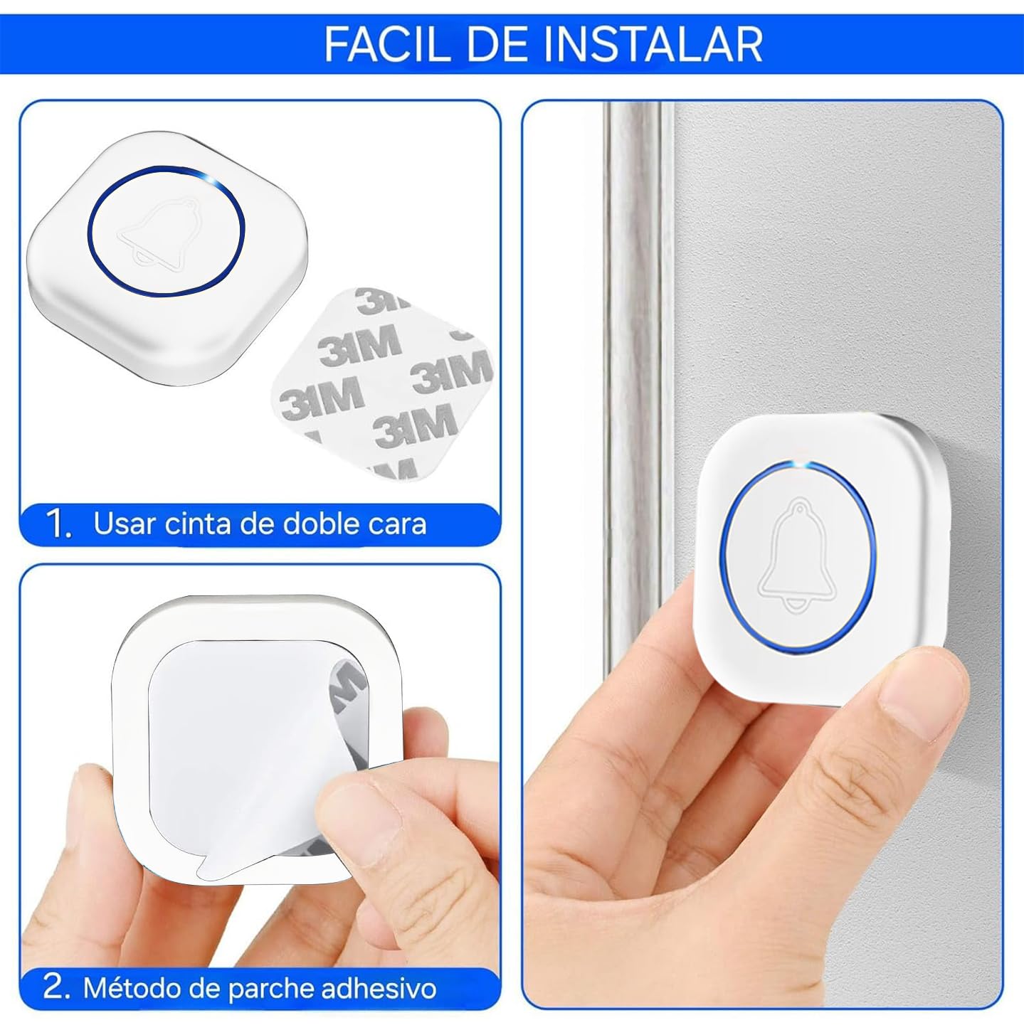 Doble Timbre Inalámbrico Impermeable, 2 Receptores Enchufe, Blanco, Timbre Puerta de Casa de 300m Alcance para Interior y Exterior, 38 Melodías Ajustables, 4 Niveles de Volumen, Indicador LED.
