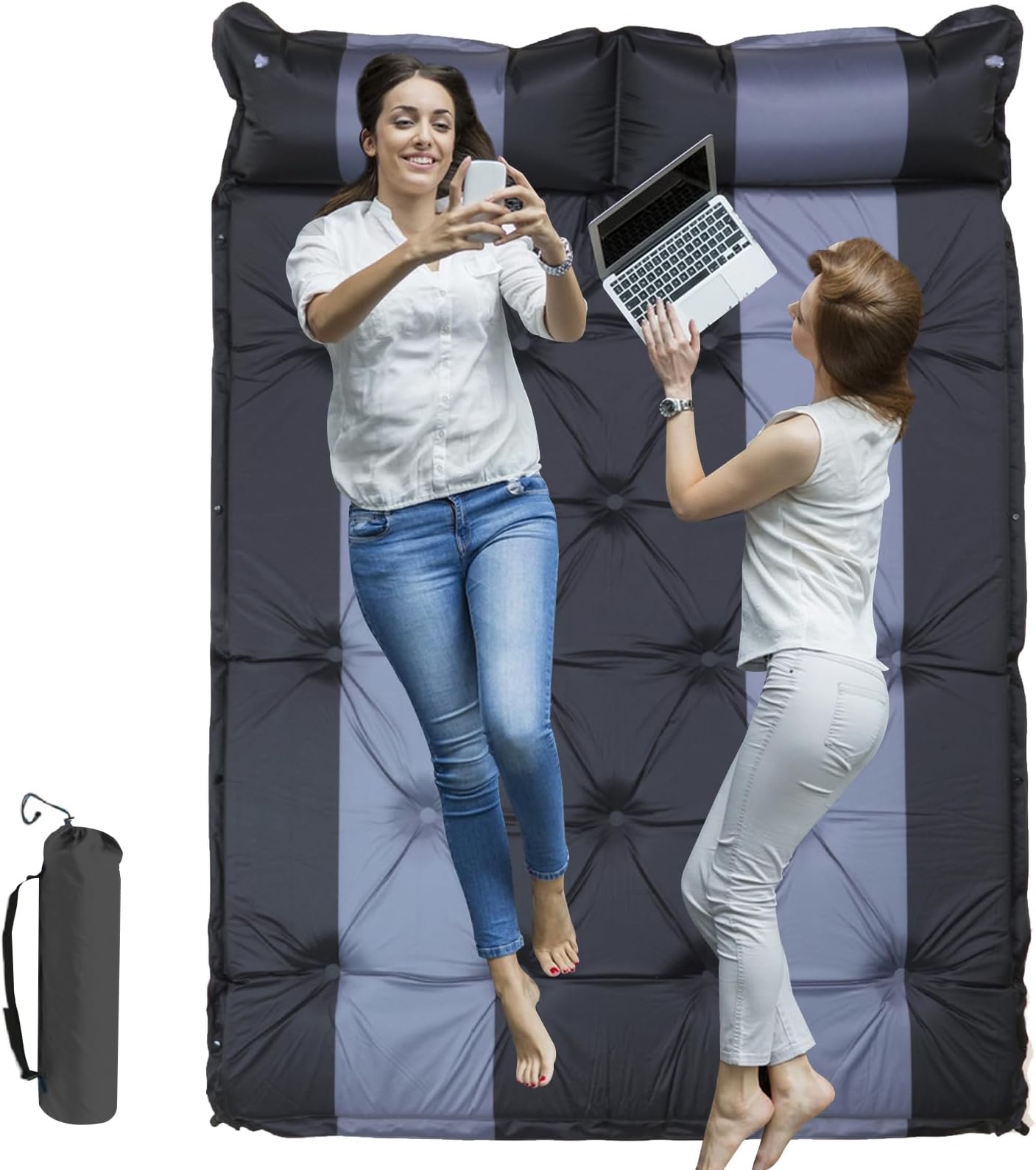 Beauenty Double Portable Camping Pad, Self Inflating Sleeping Pad 4 Season, Built-in Pump, Adults Family Large Camping Lightweight Air Mattress for Travel and Hike (Black Gray)