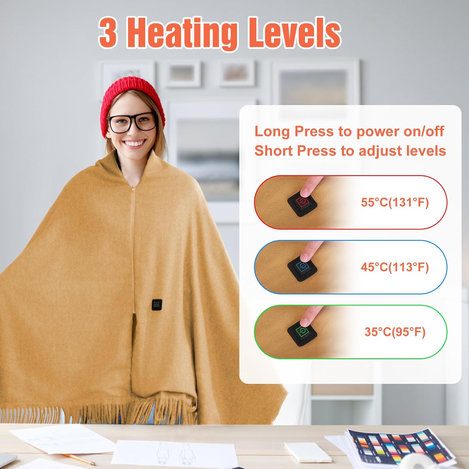 Wearable Blanket, Portable Heated Scarf Shawl with Zipper 3 Heating Levels 8 Heating Zones for Bed Sofa Office, Valentine's Day Gifts for Her, Gifts for Women - Image 4