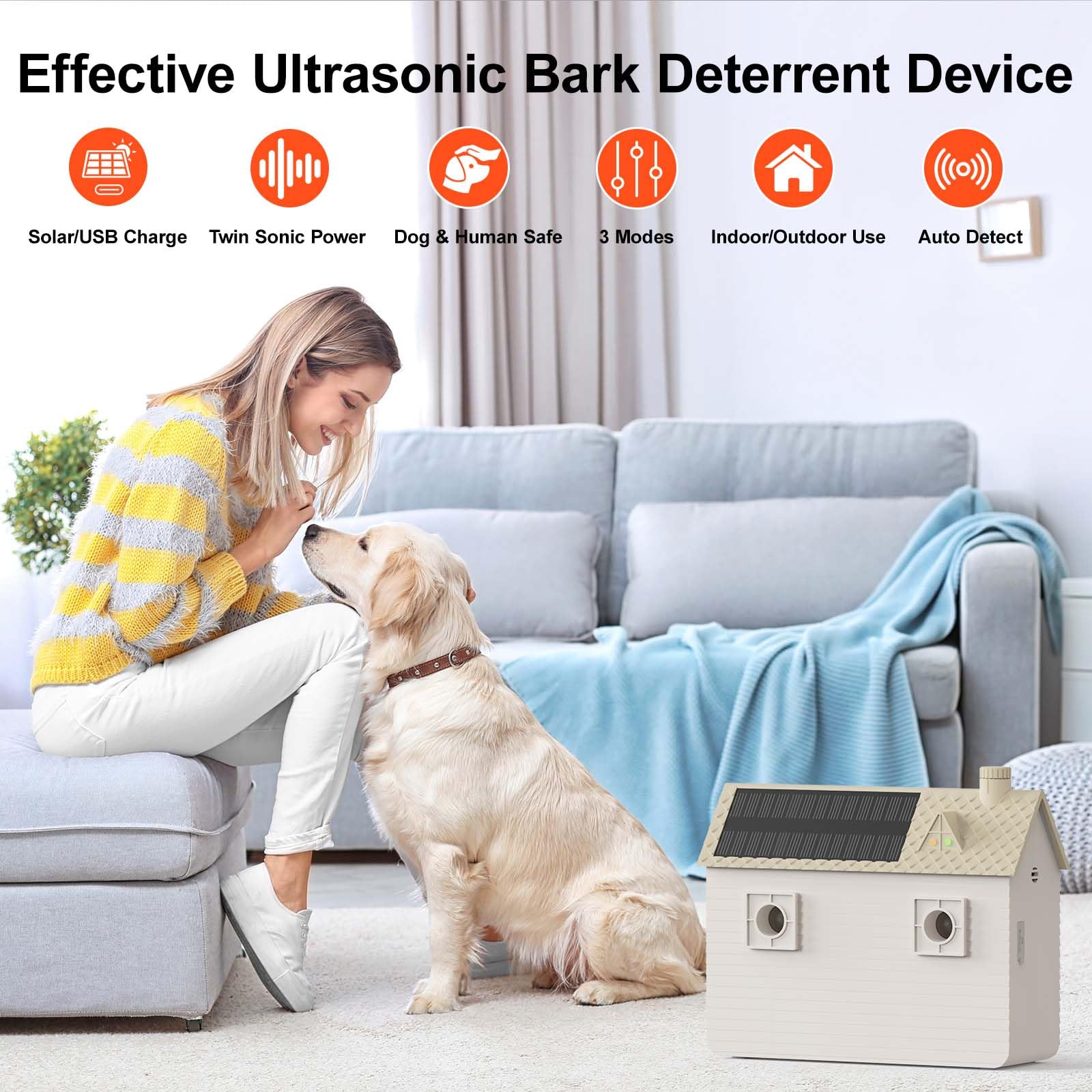 Dispositivo antiladridos, disuasorio ultrasónico de ladridos de perro con 3 modos ajustables, rango de 50 pies, carga solar y USB-C para una larga duración de la batería, silenciador de ladridos para