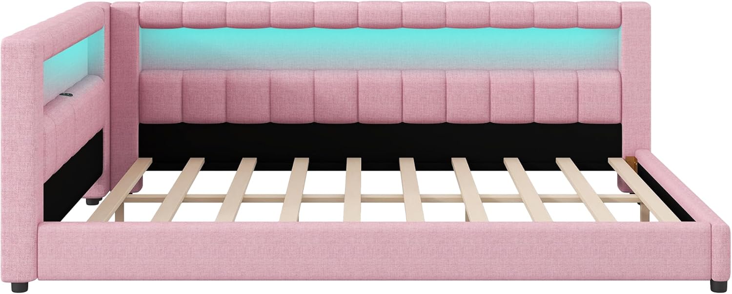 Merax Modern Upholstered Platform Bed Frame with USB Ports, Full XL Floor Sofa Day Bed with Storage Headboard, No Box Spring Needed/Easy Assemble/Pink