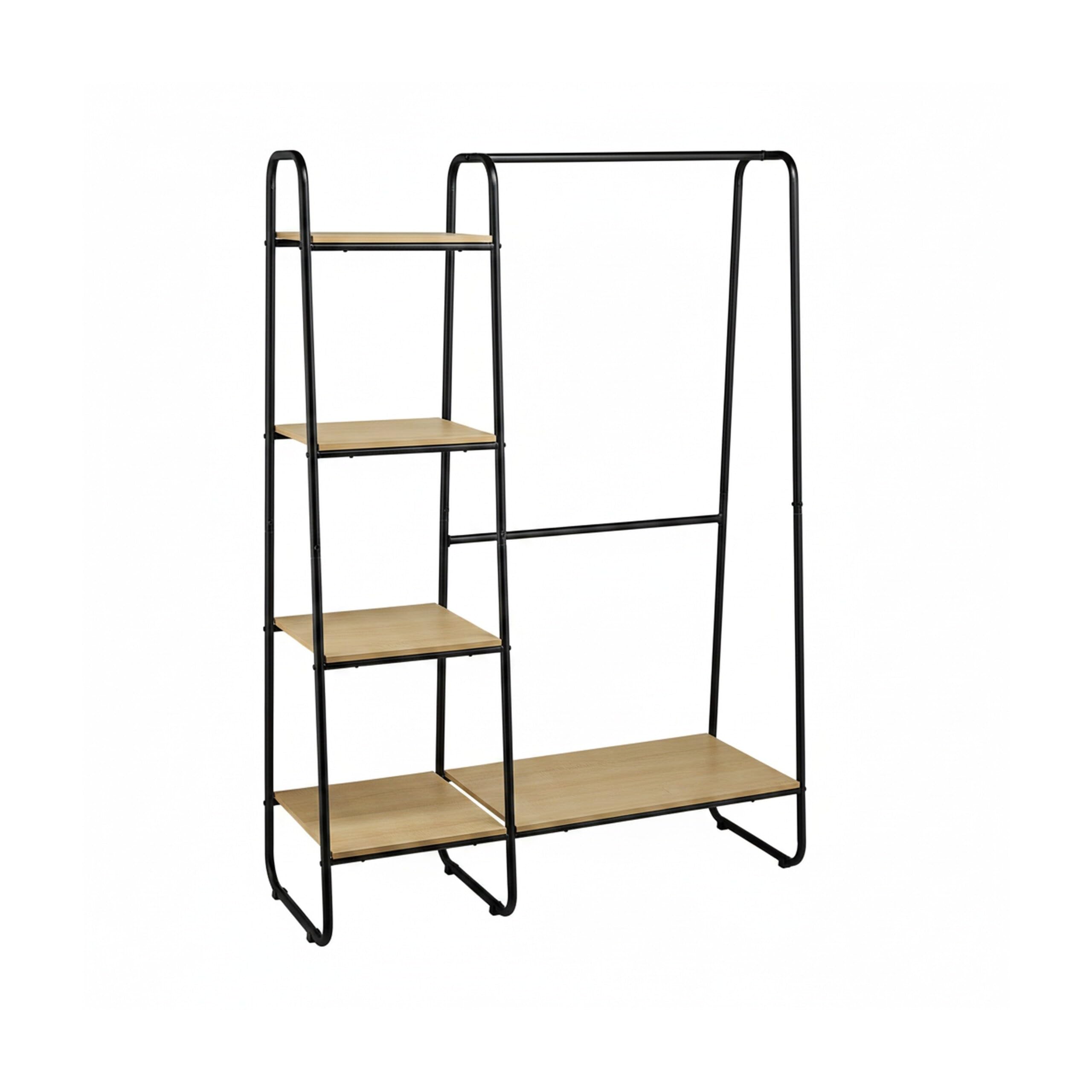 Relaxdays Perchero de Pie Metálico, 5 Baldas, Colgador Ropa con Barra y Estantería, 150x100x41cm, Armario Abierto, Negro