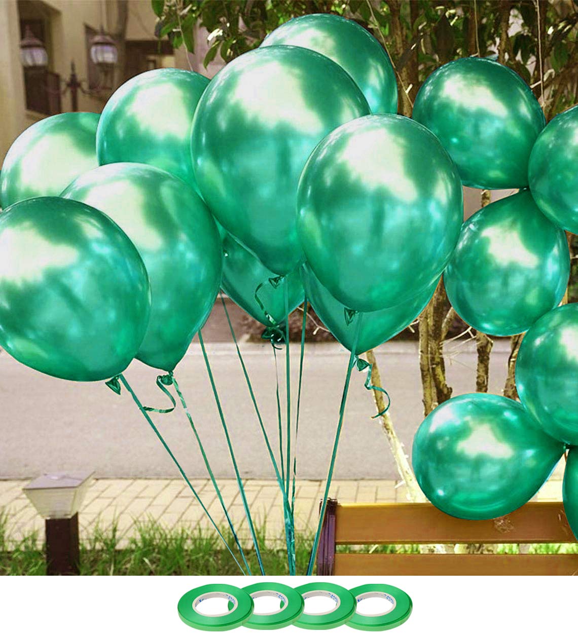 AMFIN® (Pack of 104) Chrome Balloons with Curling Ribbon for Kids Birthday Party Decorations, Baby Shower, Wedding Anniversary, Engagement Decoration, Office Party, Home Decor Items - Green