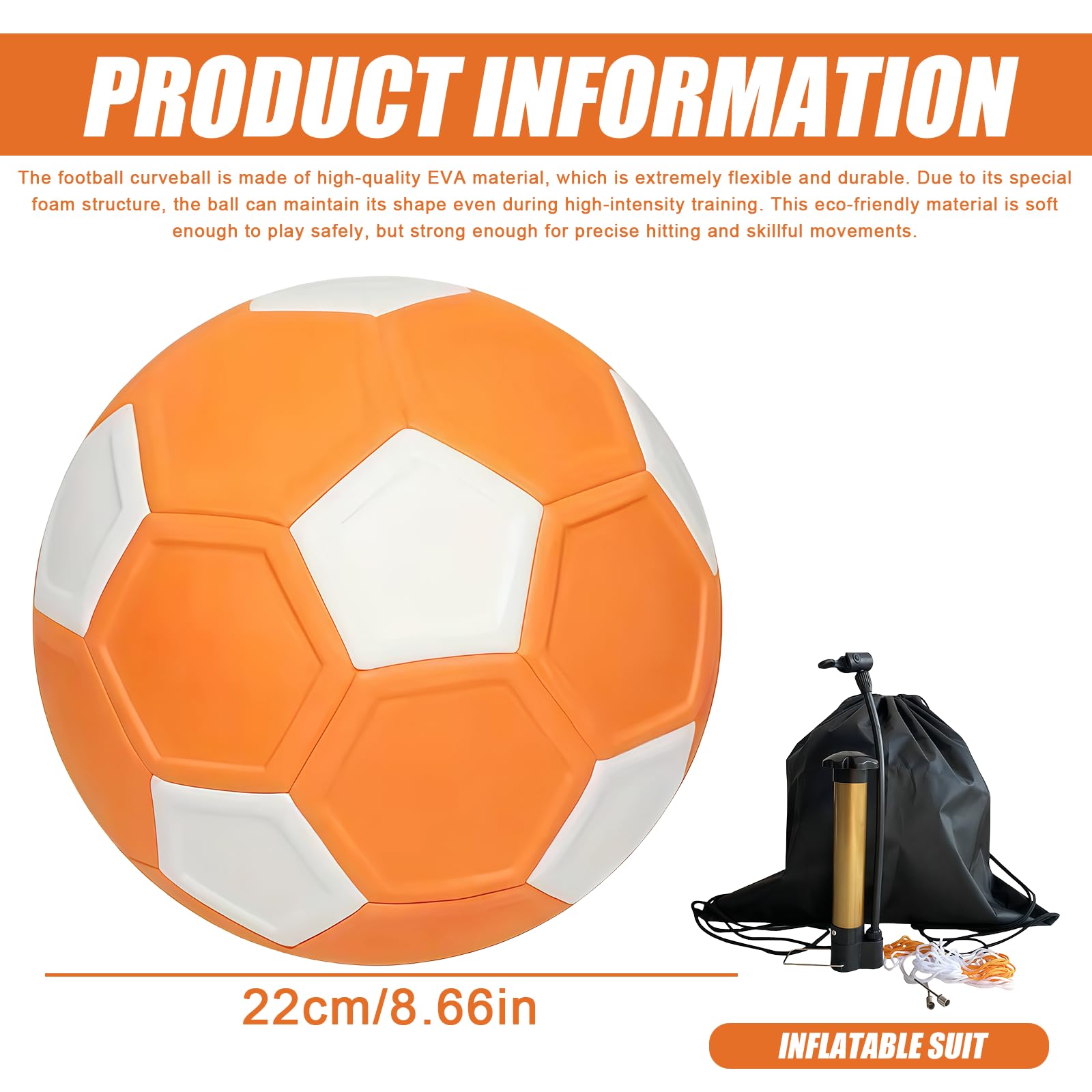 Palla curva da calcio, misura 5, materiale Eva, flessibile, per bambini e allenamento, con pompa a palla, doppio ago + borsa per pallone, colore arancione bianco (22 cm)