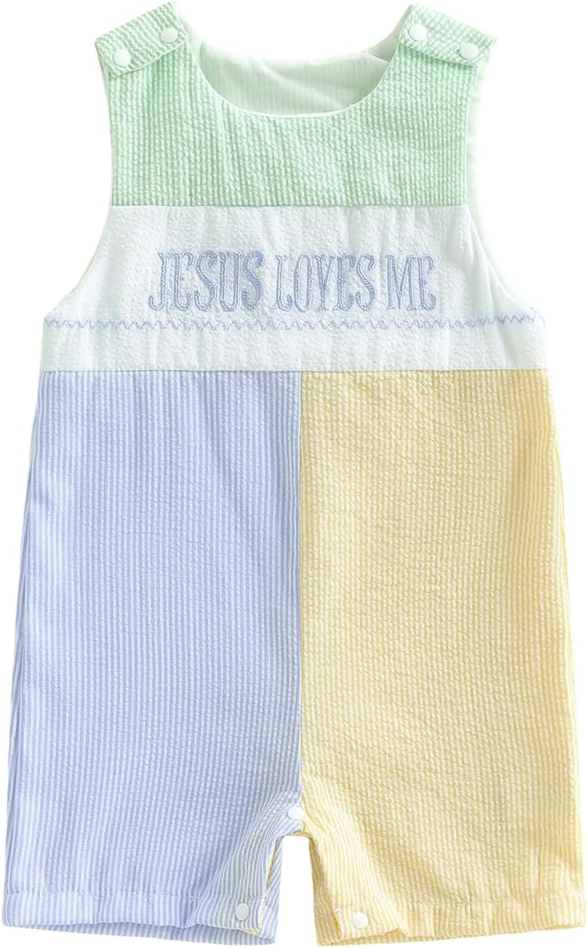 KMBANGI Baby Boy Girl Jesus Loves Me Overall Romper Newborn Christian Outfit Sleeveless Seersucker Bodysuit Baptism Clothes