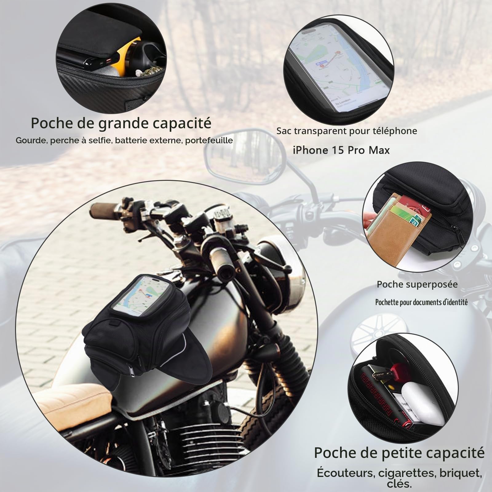 Sacoche de Réservoir Moto en Oxford Magnétique avec Grande Fenêtre