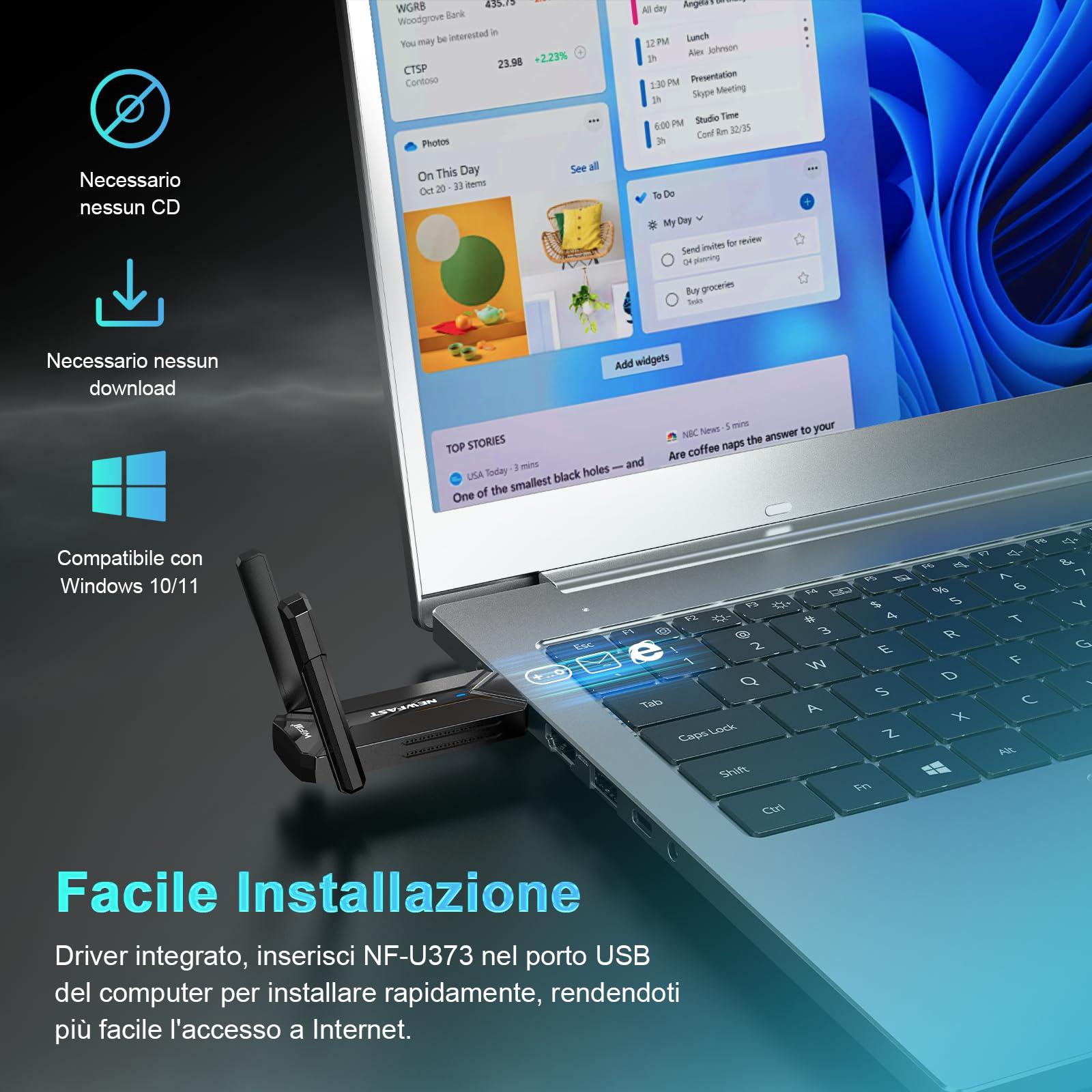 NEWFAST BE6500 WiFi 7 Chiavetta WiFi per PC Fisso, 6500Mbps Tri-Band WiFi USB con 2 Antenne ad Alto Guadagno, Supporta MLO, MU-MIMO, OFDMA, 4096-QAM, WPA3, Compatibile con Windows 11/10