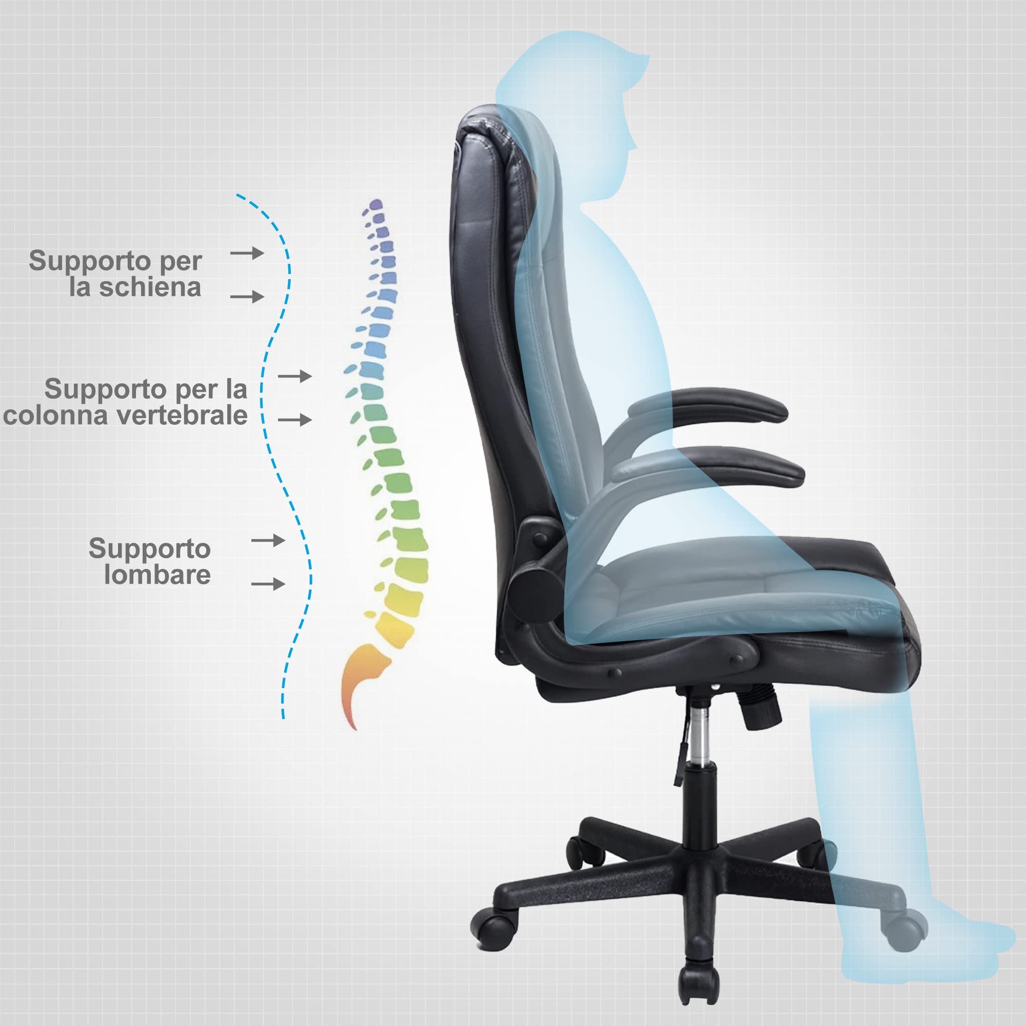 Sedia Da Ufficio Ergonomica In Rete Con Supporto Lombare - Regolabile In Altezza, Girevole A 360°, Funzione Dondolo, Per Home Office, Nero - 6