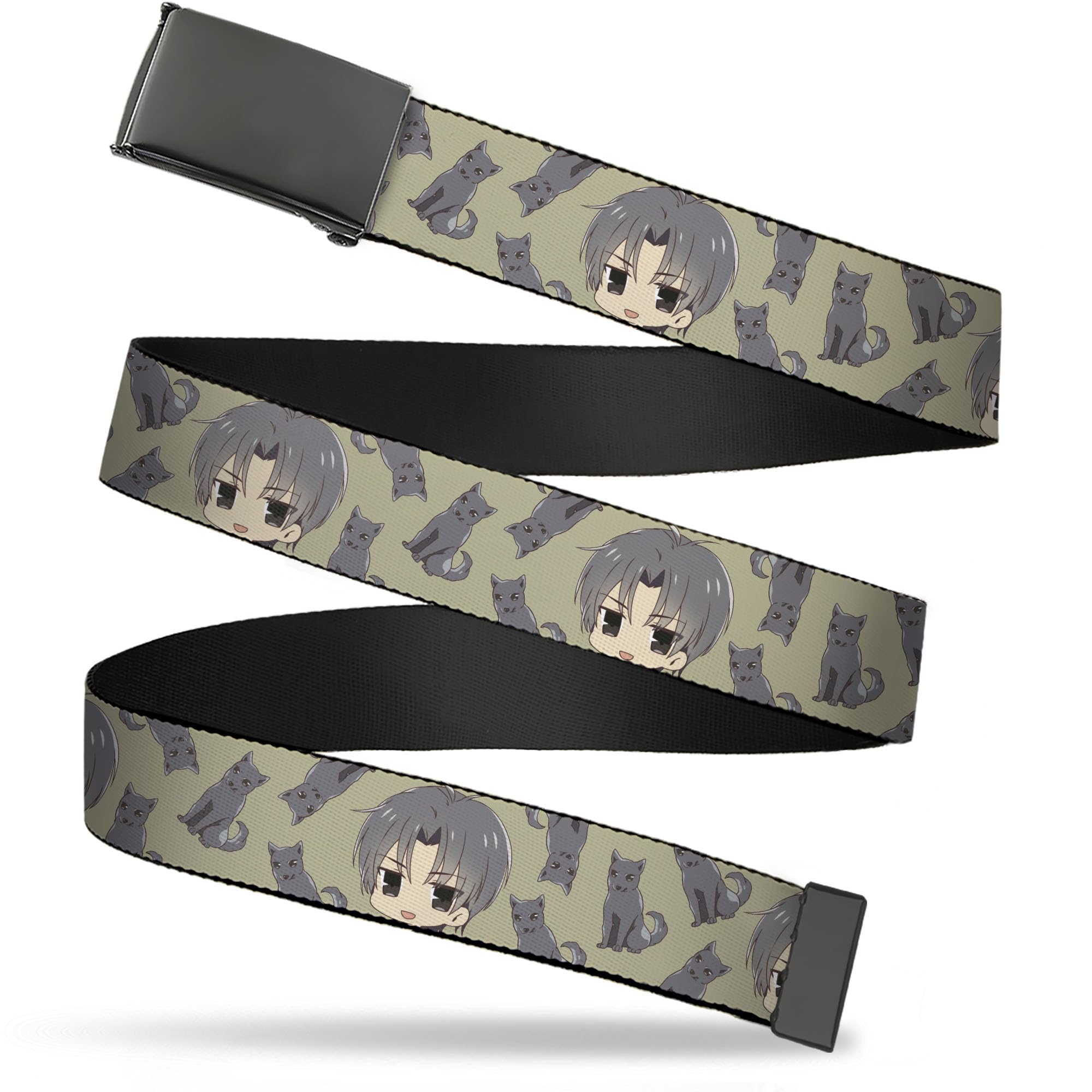 Buckle-Down Crunchyroll Belt, Flip Web Belt Fruits Basket Chibi Shigure Soma and Dog Scattered Olive Gray, 1.0 Inch Wide, Youth up to Size 20