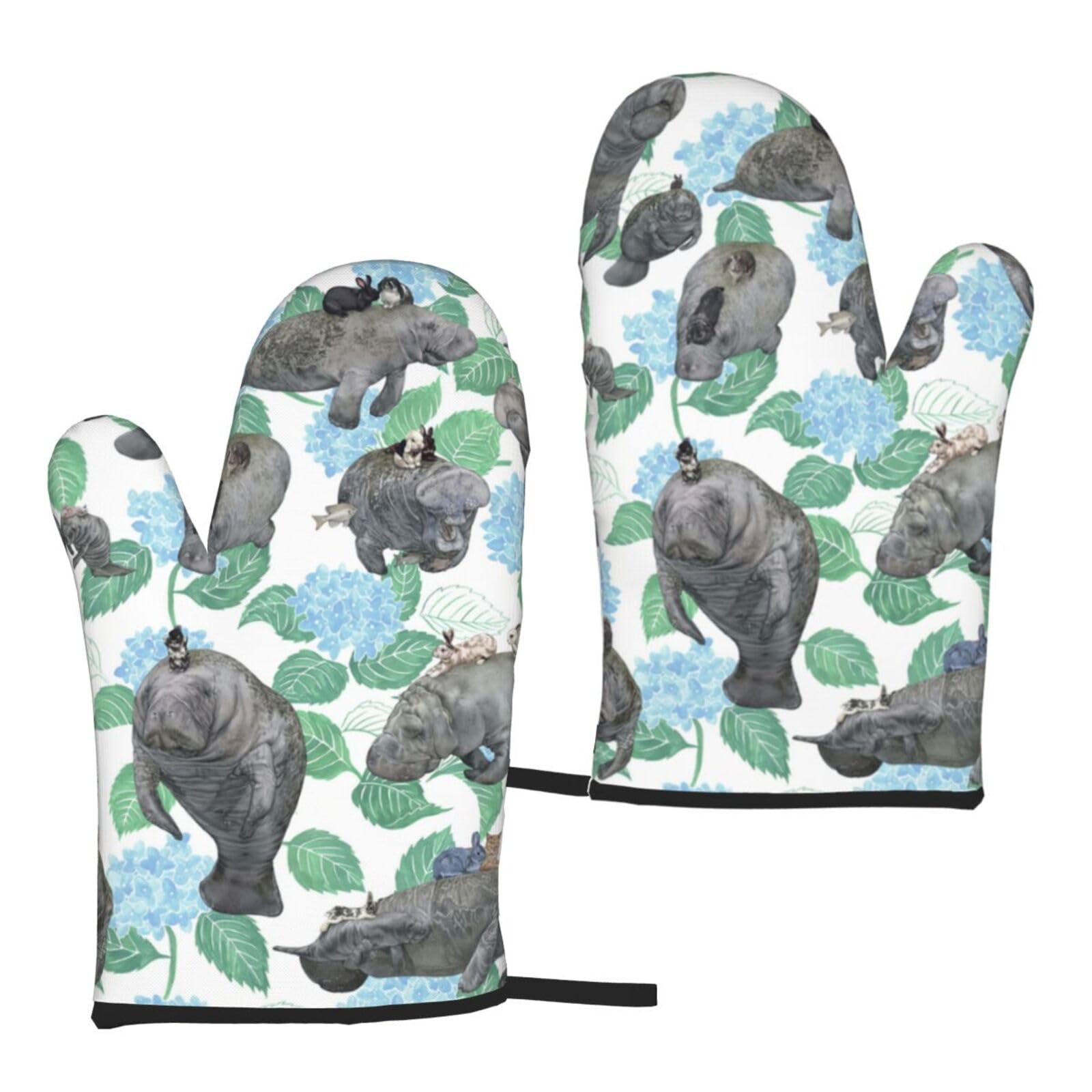 Nimongt Women's Black Rabbits Manatees Print Adults Universal Fit Heat Resistant Oven Gloves Reusable Cooking Outdoor Grilling