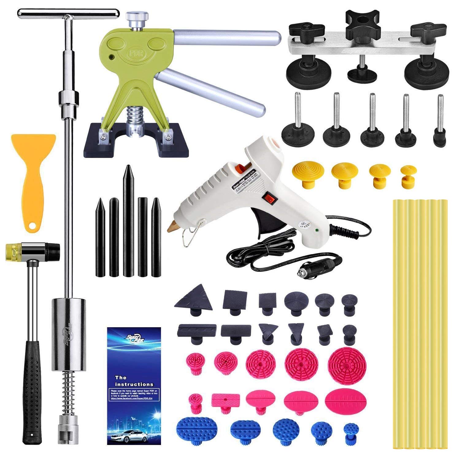 PDRDent Puller Kit, 44 PCS dent removal kit tool, Car Dent Puller with Glue Gun, Adjustable Gold Dent Lifter Puller for Car Hail Damage Dent, Minor Dent and Deep Dent Removal