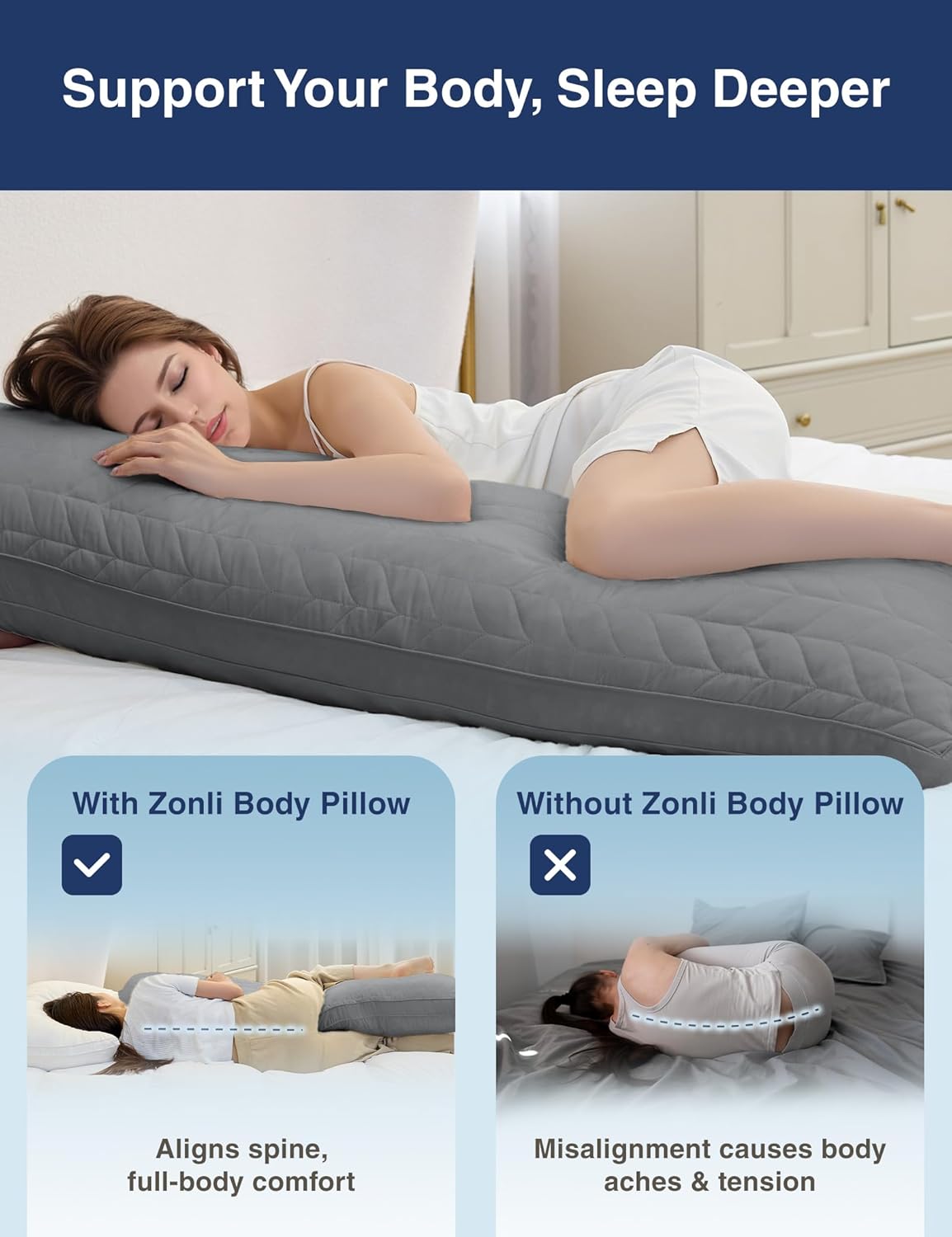 ZonLi Long Body Pillow for Adults, Firm Body Pillow with Adjustable Shredded Memory Foam, Soft Support for Side Sleepers, Pregnant Women, Washable Quilted, Valentines Day Gifts, 20 x 54 Inch, Grey
