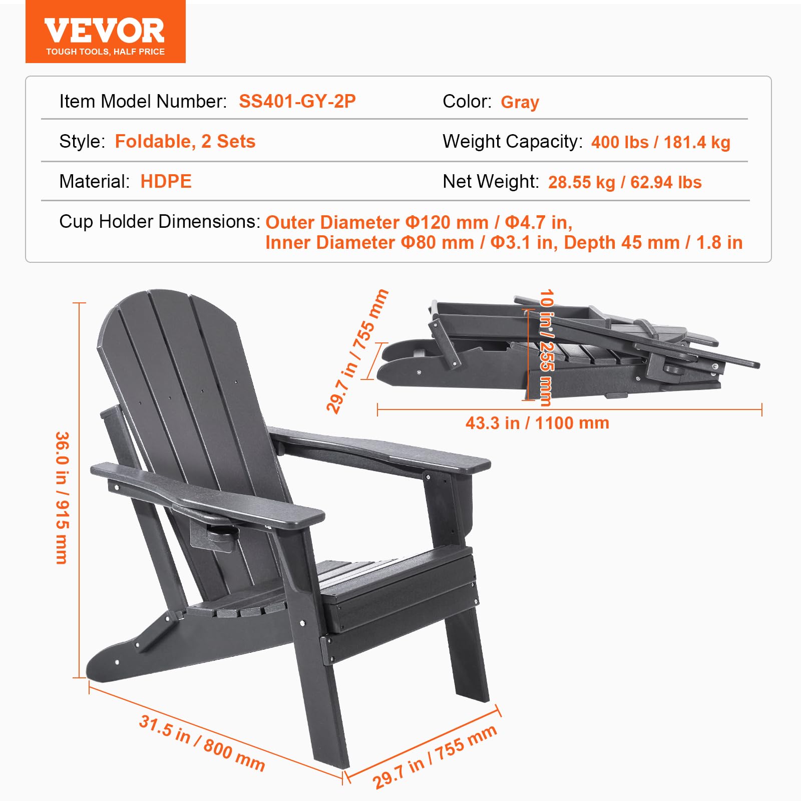 VEVOR Chaise Adirondack en Plastique, Lot de 2, Fauteuil de Jardin Pliant Portable, Charge 181,4 kg, avec Porte-Gobelet, Accoudoir Relaxant, pour Toutes Saisons, Extérieur, Patio, Arrière-Cour, Gris