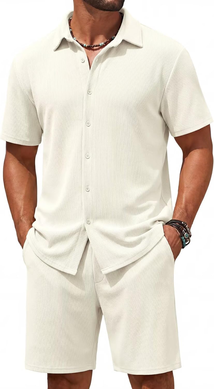 PRIVIMIX Men's Summer Beach Outfits 2 Piece Short Sets Stretch Texture Shirts and Shorts Vacation Sets Not See-Through