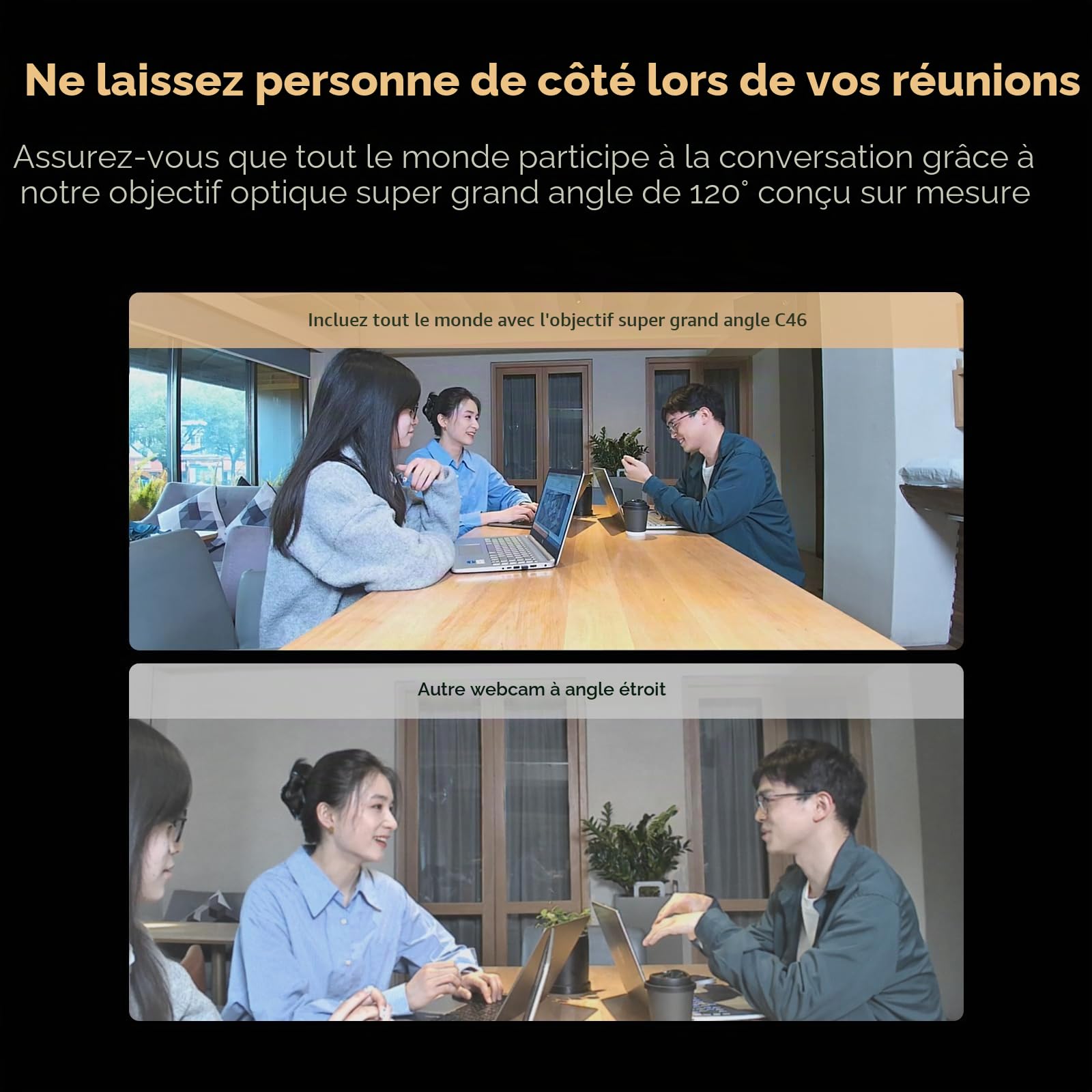 Nuroum C46 4K Webcam de Conférence, 8MP CMOS, avec 4 Microphones et de Haut-parleurs, Grand Angle 120° Caméra de Vidéoconférence/5x Zoom/Cadrage Automatique/16ft Prise de Voix,pour Zoom/Teams