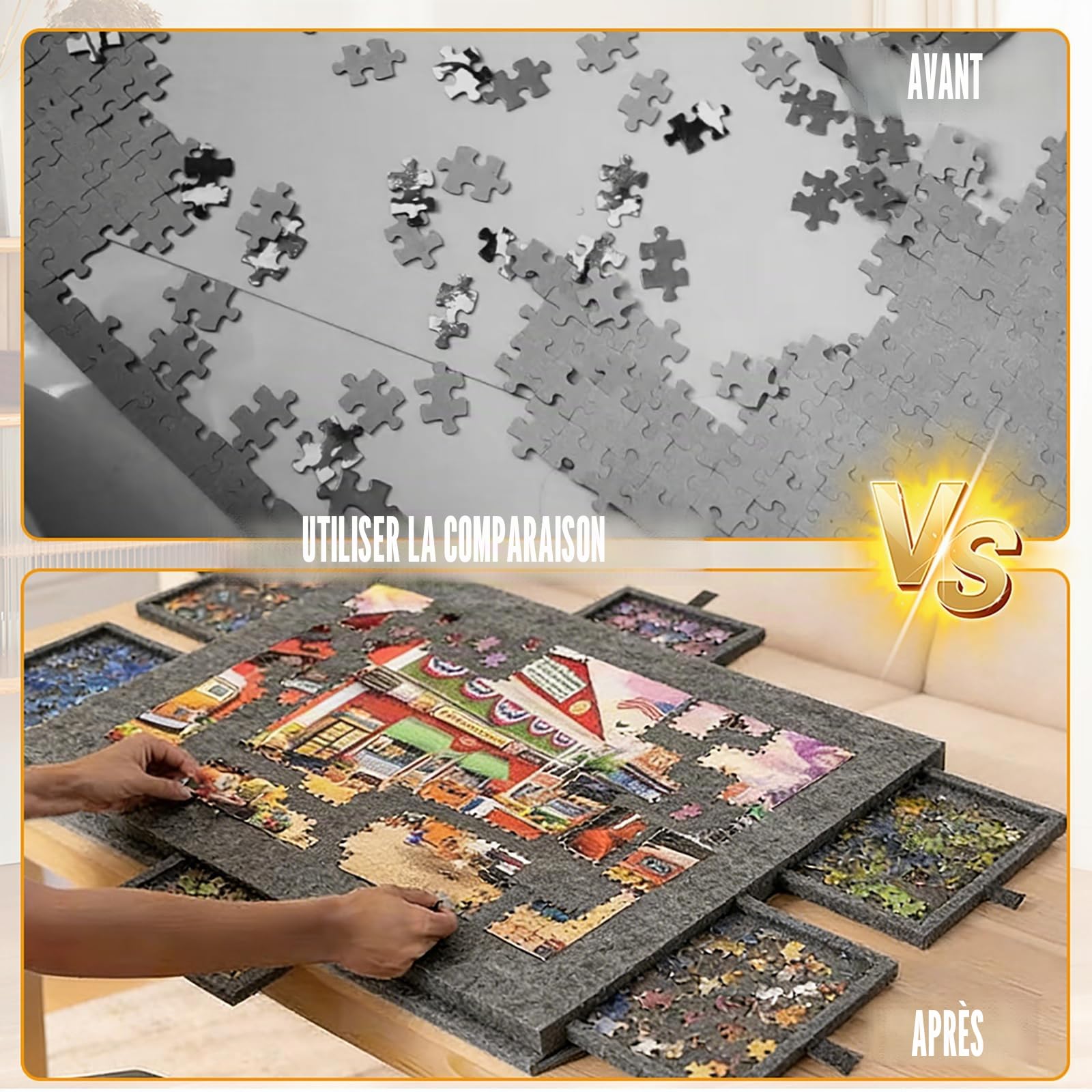 Table de Puzzle Inclinable, Plateau de Puzzle pour des Puzzles Jusqu'à 1000 Pièces, Plateau de Puzzles Portable avec 6 Tiroirs en Feutre avec Support et Couvercle 2-en-1 (Noir)