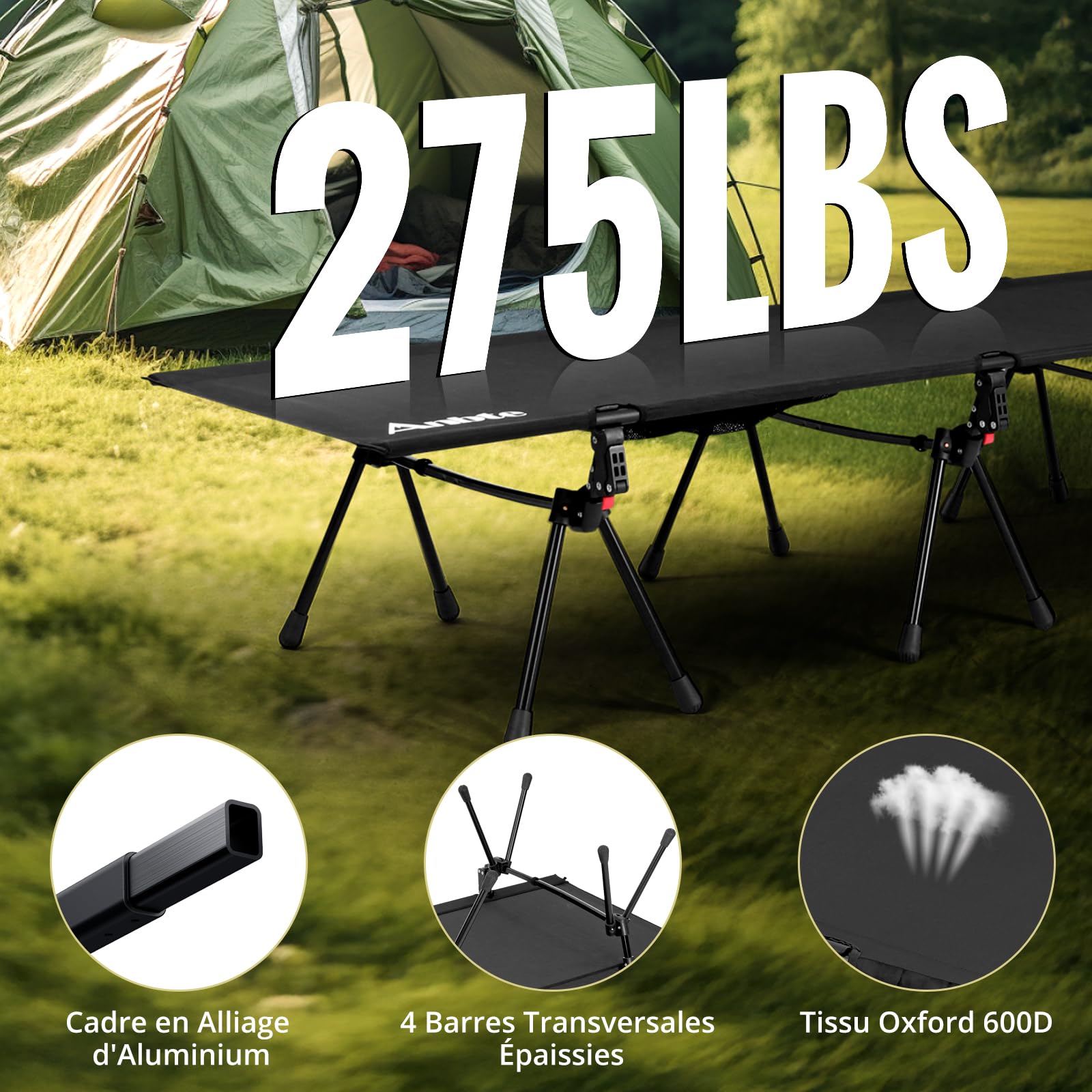 Anbte Lit de Camping Pliable Charge 180 kg 191×70×20 cm, Noir | Tissu 300D Oxford Résistant, Montage Facile, Aluminium 7075 Ultra-léger, Portable avec Sac, pour Camping, Plage, Jardin