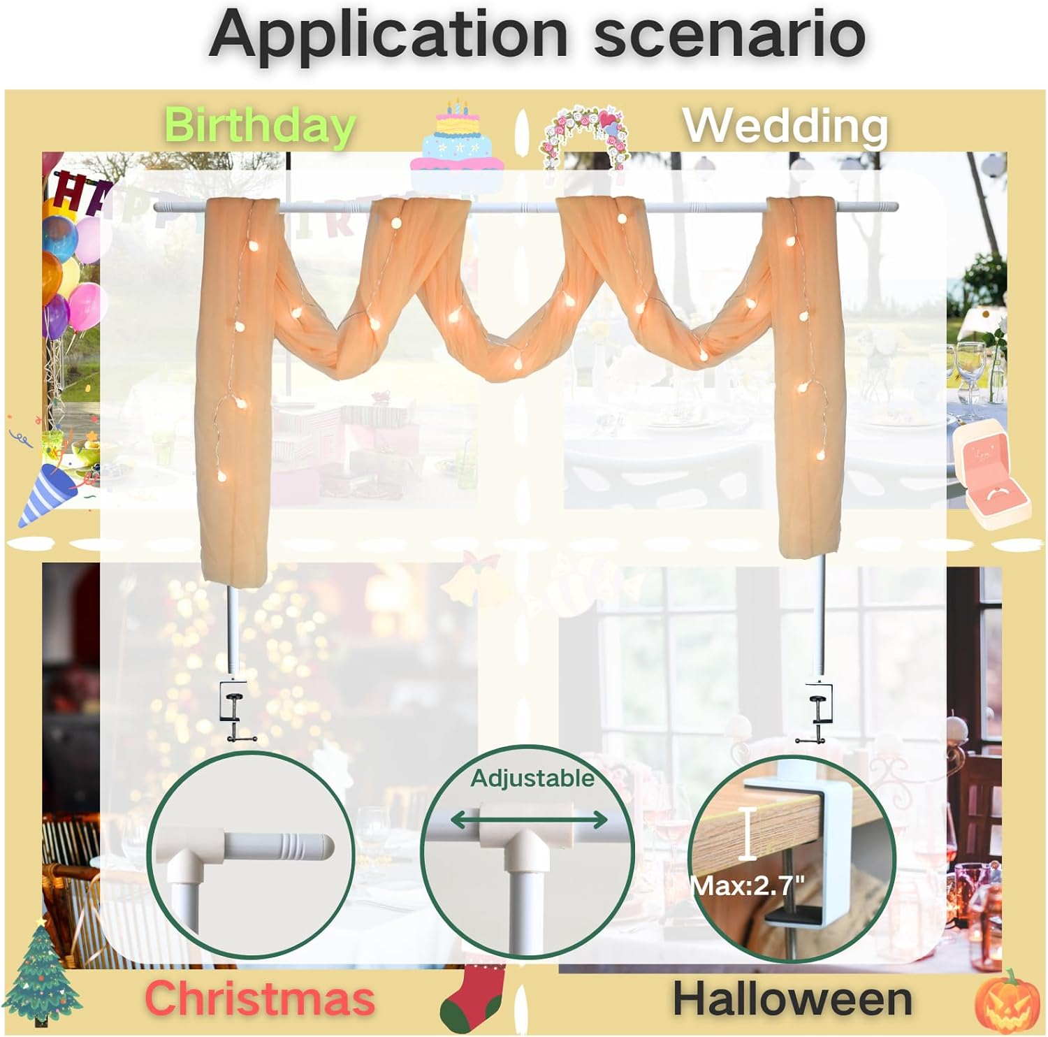 Beyeutao Over The Table Rod Stand with Clamps Over Table Display Bar H30-45'' L16-87''Adjustable Table Arch Rod with Gold Mesh Curtain Table Balloon Arch Stand for Wedding Birthday Christmas