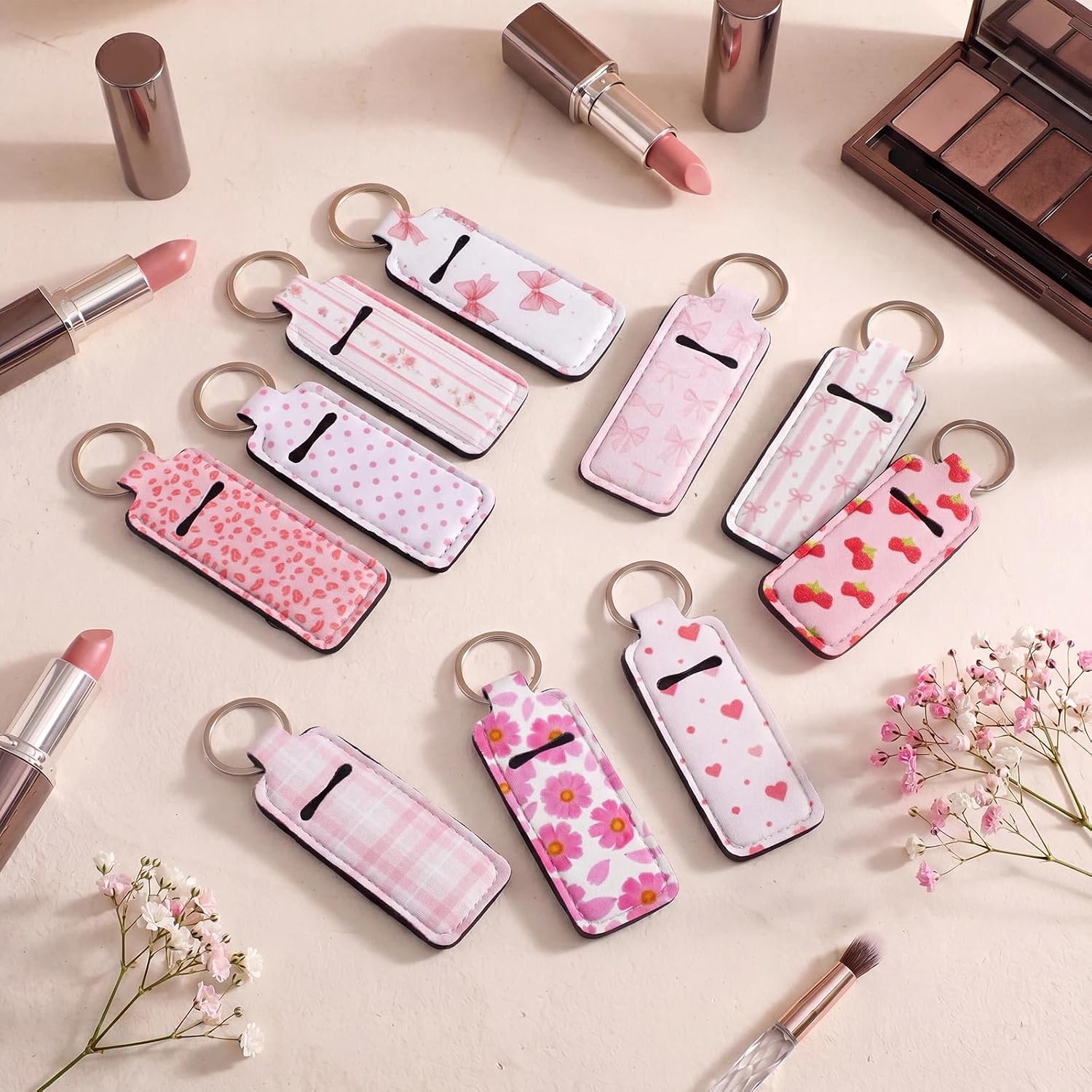 Quelay 40 Pcs Pink Lipstick Holder Keychain Bulk Preppy Bow Lip Gloss Sleeve Lip Balm Holder Gifts for Women