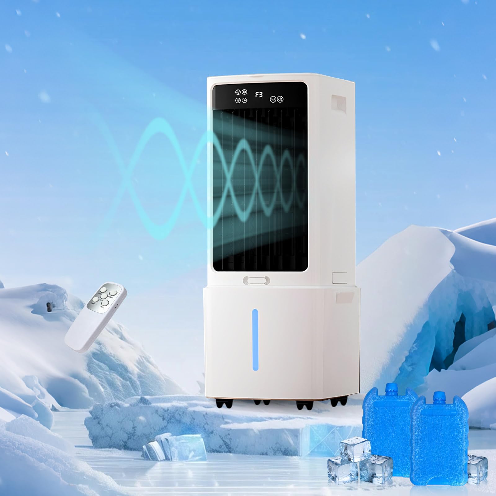 Aire Frío Evaporativo 12L, 800 m³/h Aparato Ecológico con Hielo, Mando a Distancia, Temporizador 12H, 90°