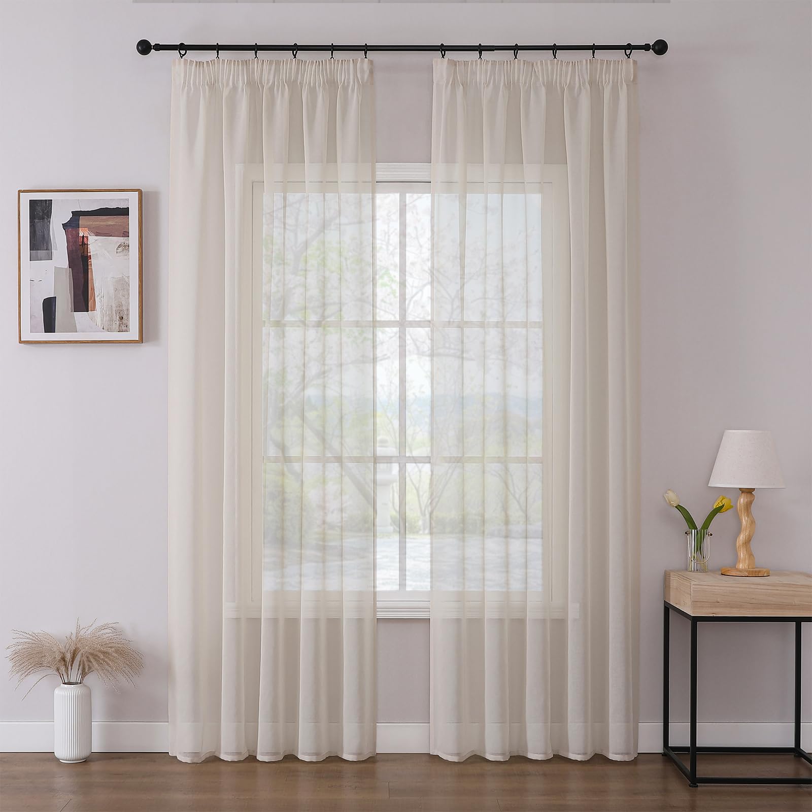 Joydeco 2er Set H225 x B140 cm Leinenfarbene Vorhänge für Schienensystem Transparent Vorhang Lang Gardinen mit Kräuselband Polyester Curtains Schlafzimmer