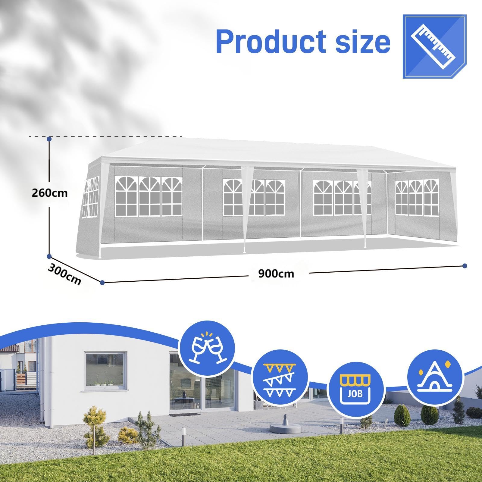 Bonnlo Tonnelle de Jardin 3x9m avec 8 Parois Latérales imperméable avec 6 fenêtres Tente de Réception en Toile PE Tubes Spiralés en Fer Barnum Blanc pour Camping Mariage Parking Fête