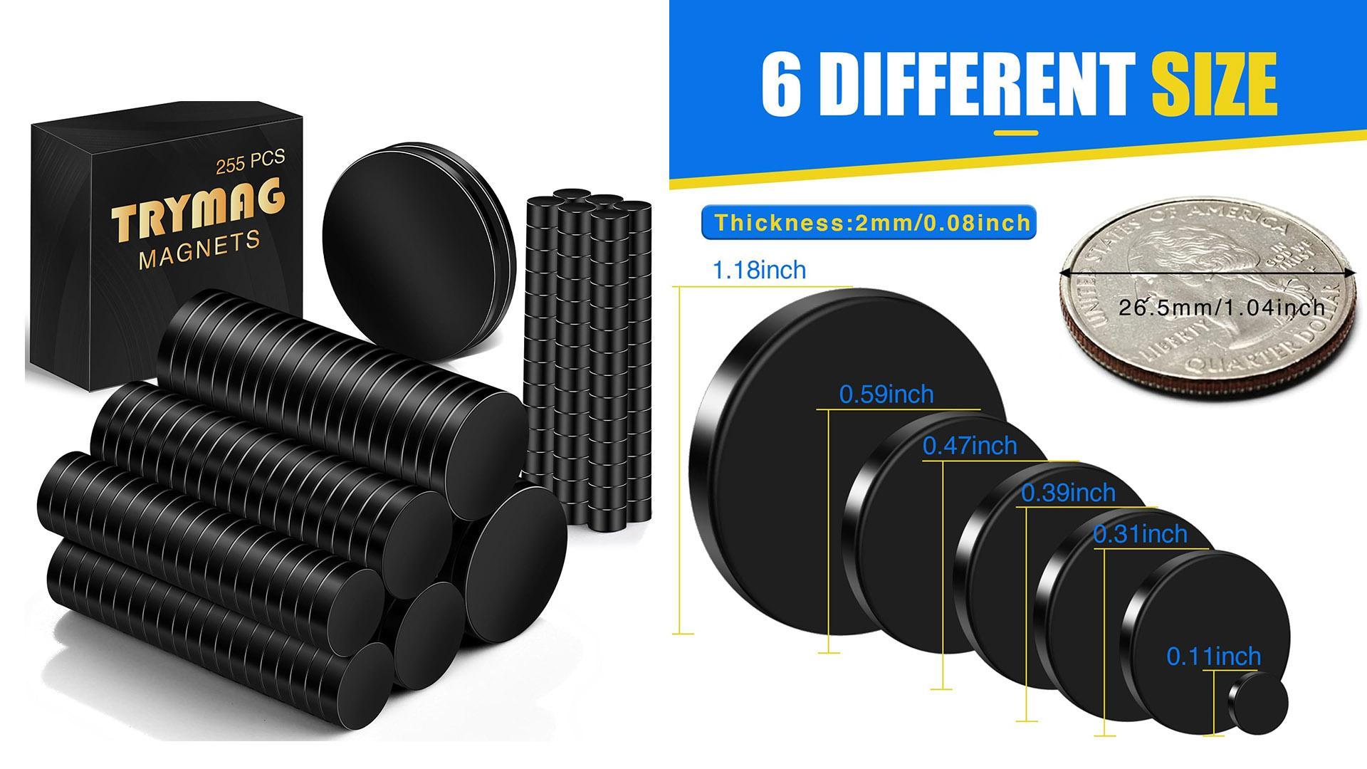 Image of TRYMAG Small Rare Earth 6 Different Sizes Black 255Pcs Tiny Magnets for Crafts, Heavy Duty Neodymium Round Mini Refrigerator Magnets for Whiteboard, Locker, Kitchen, Office, School