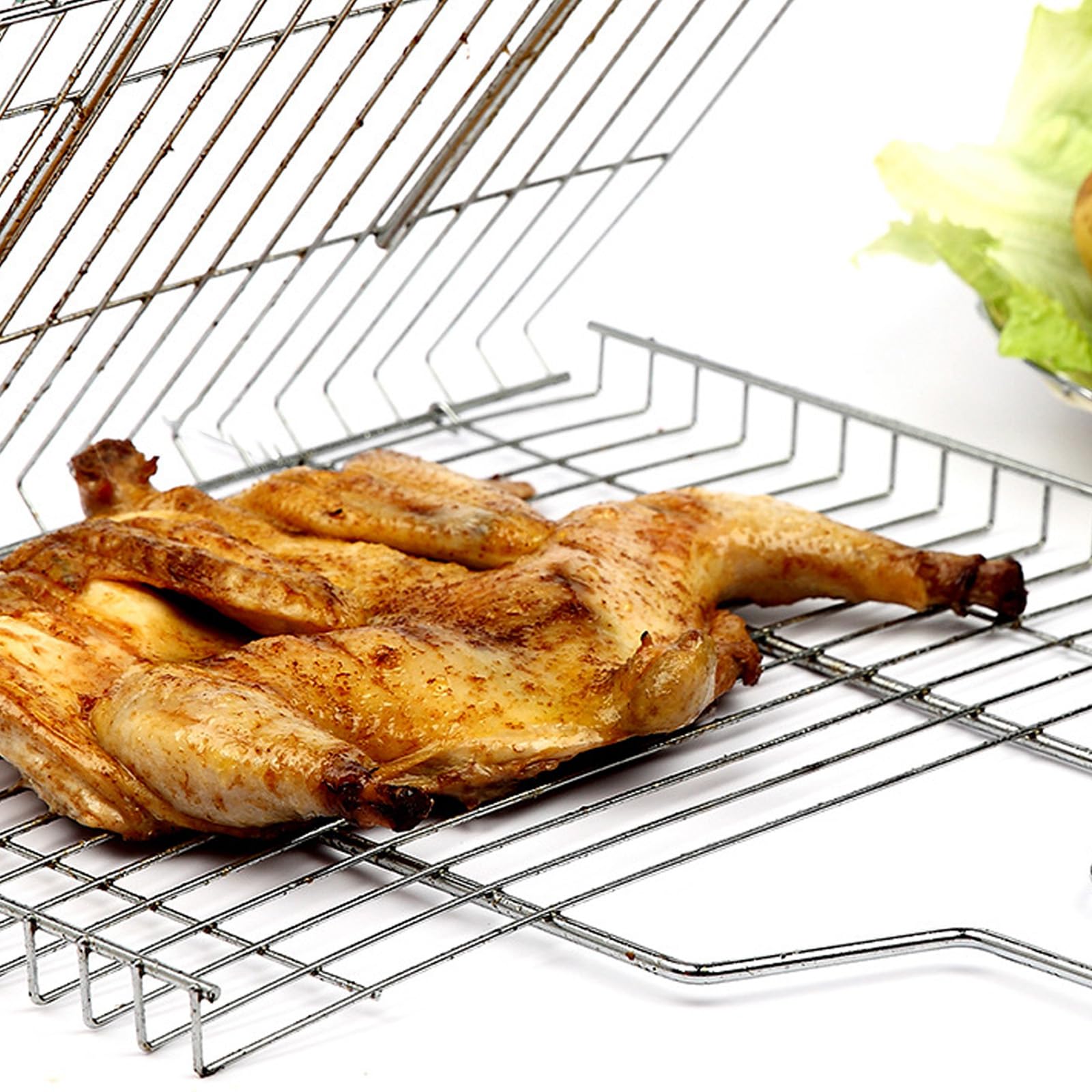 Panier Grille pour Barbecue, Grille de Barbecue Portable avec Poignée Amovible en Bois, Accessoires de Barbecue Grille Panier pour Poisson Rôti, Crevettes, Légumes, 32 x 22 x 3.5 cm