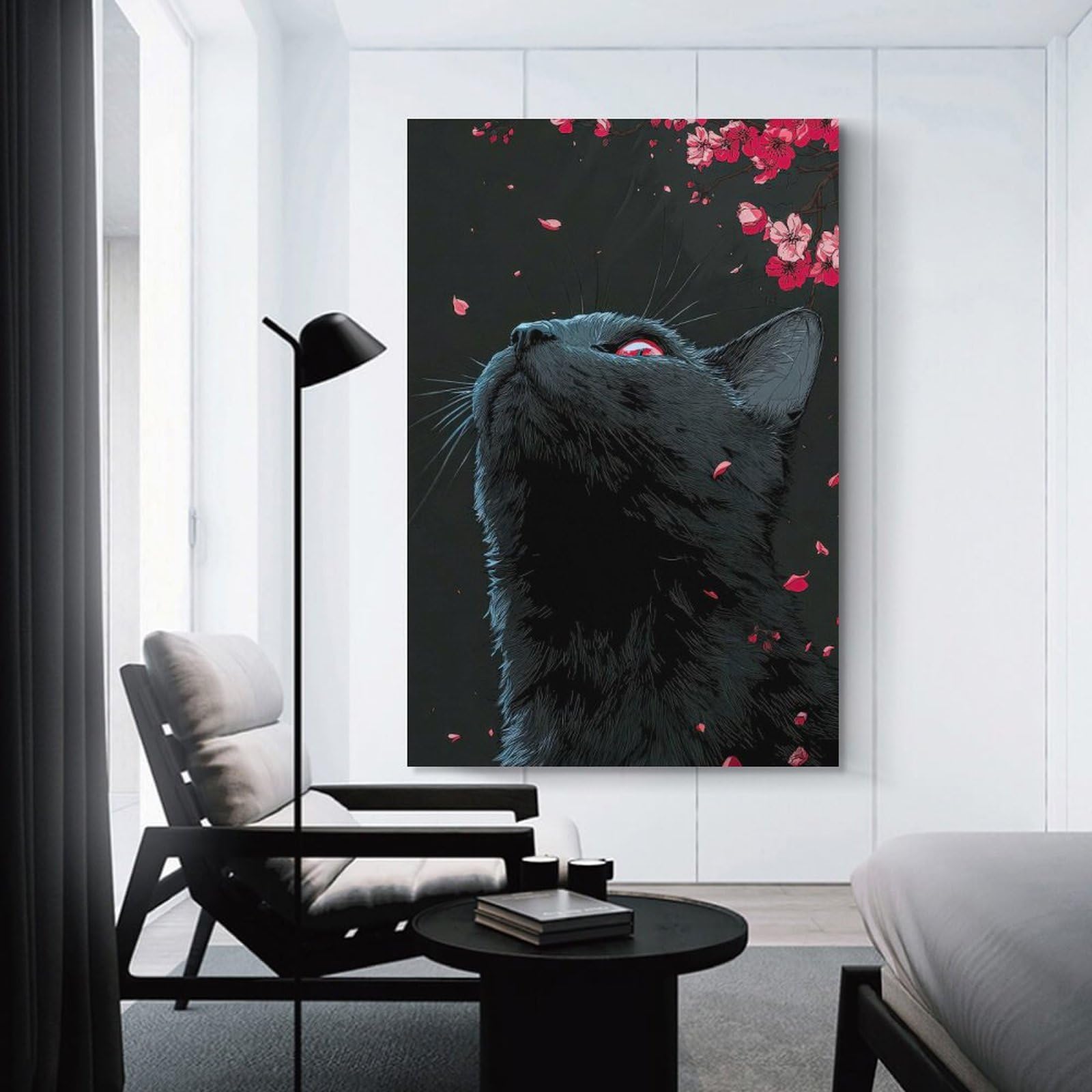 Junmoney Black Cat with Red Eyes And Cherry Blossoms Canvas Wall Decor 20x30inch(50x75cm), for Lounge, Study, Hallway Or Flat Walls, Canvas Wall Art That Fits Changing Layouts