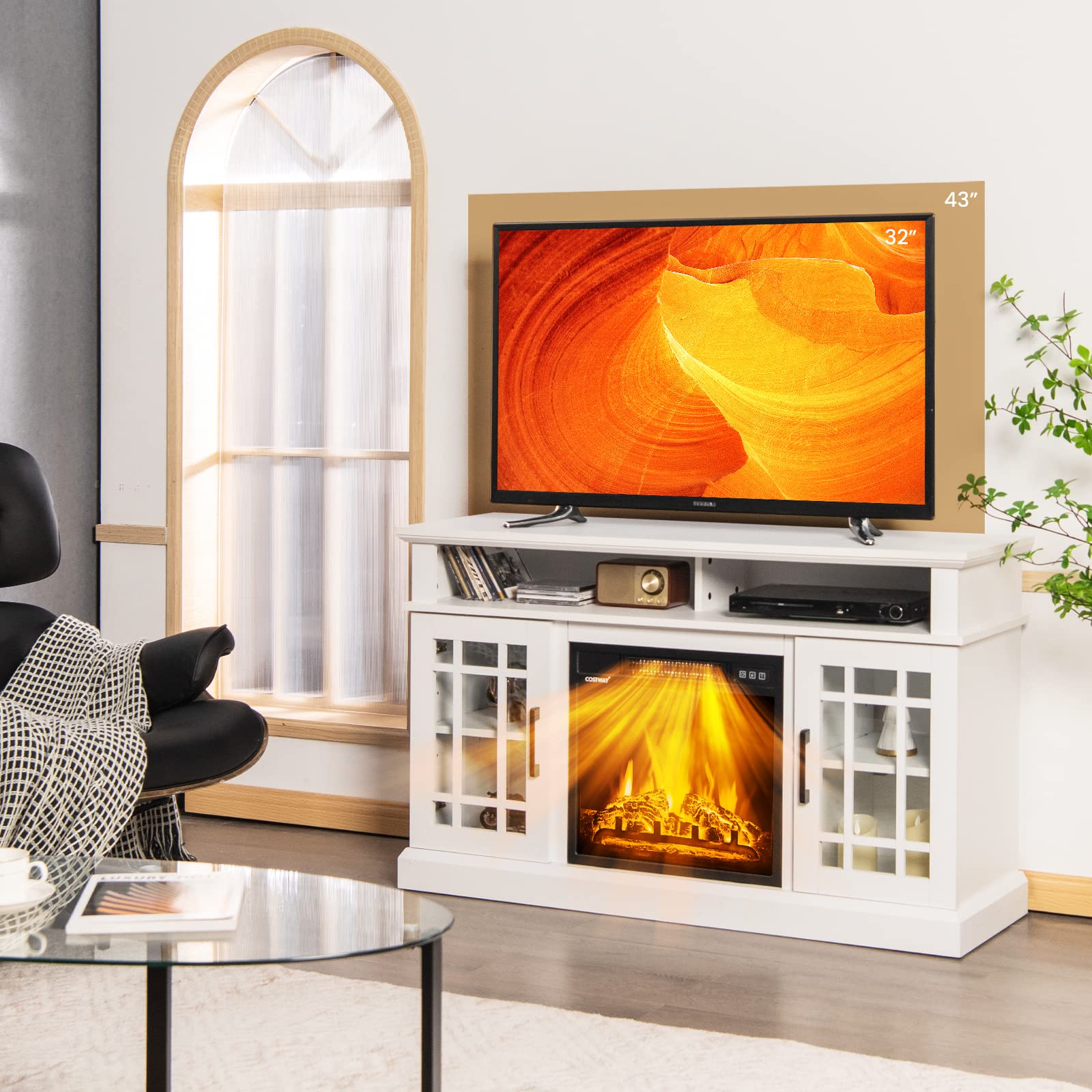 Happygrill 48 inch Electric Fireplace TV Stand with Remote Control, TV Stand with Fireplace Heater, Multifunctional Console Table with Storage Cabinets