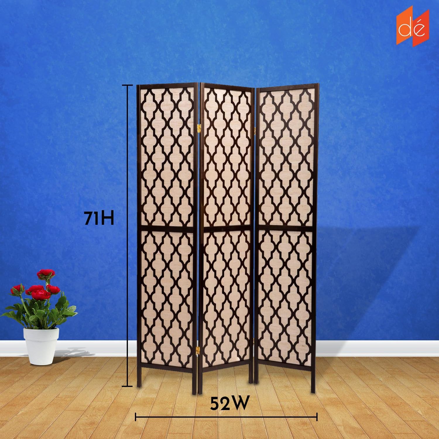 Legacy Decor 3 Panels Room Divider - 5.7ft Rattan Cane Webbing Privacy Screen Insert with Decorative Cut Outs - Portable & Foldable Temporary Wall Partition for Home, Office & Studio - Color Espresso