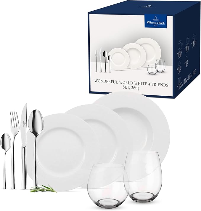 Villeroy & Boch Wonderful World Table Set for 4 People, Premium Porcelain, Crystal Glass & Stainless Steel, White, 36 Pieces