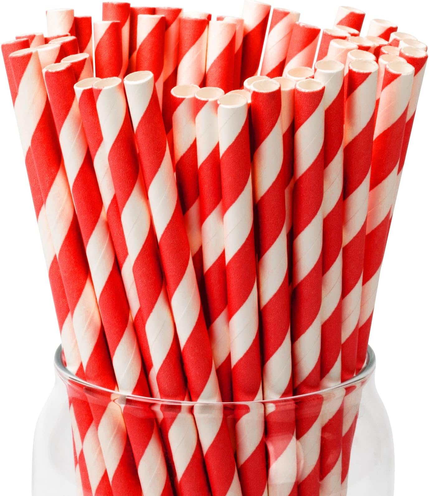 PakTalk 100 Pack Red Straws, Disposable Red and White Biodegradable Paper Striped Straws for Cocktail, Milkshake, Coffee, Lemonade (0.24" x 7.75")