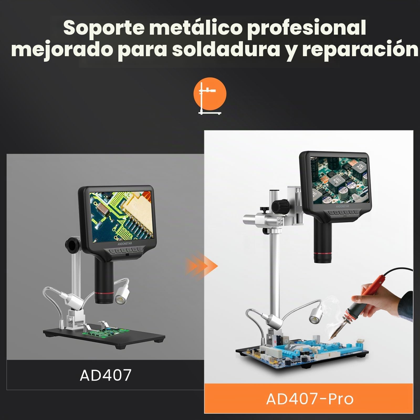 Andonstar AD407 Pro 3D HDMI microscopio digital que suelda, 4MP 2160P UHD grabación de video, 7 pulgadas pantalla LCD ajustable USB video, placa de circuito, SMT SMD DIY