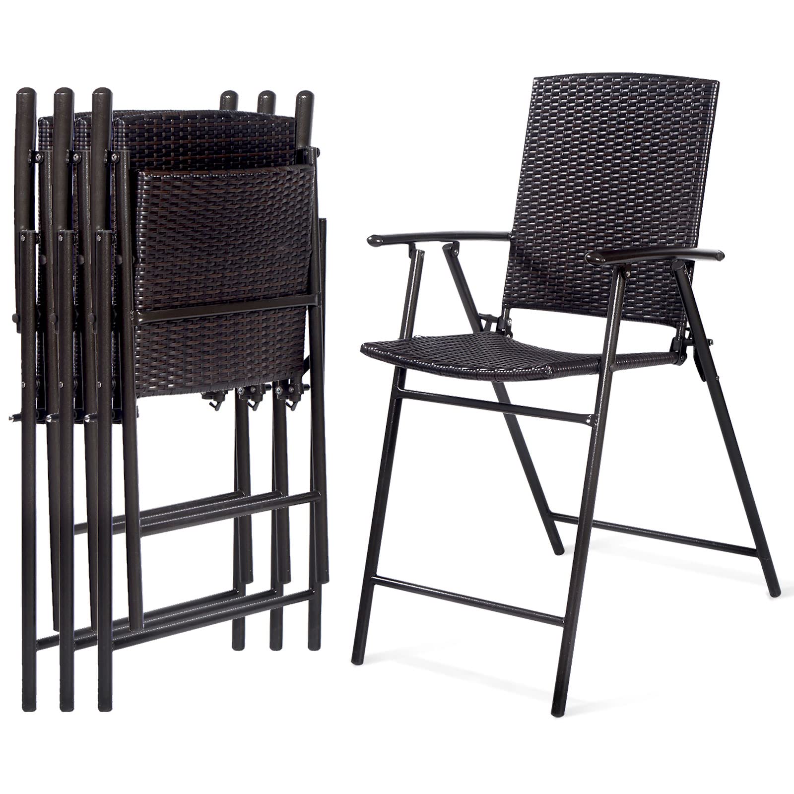RELAX4LIFE Folding Bar Stools Set of 4 - Rattan Bar Chairs w/Back, Metal Frame, Armrests & Footrest, Indoor Outdoor Counter Height Chairs for Kitchen
