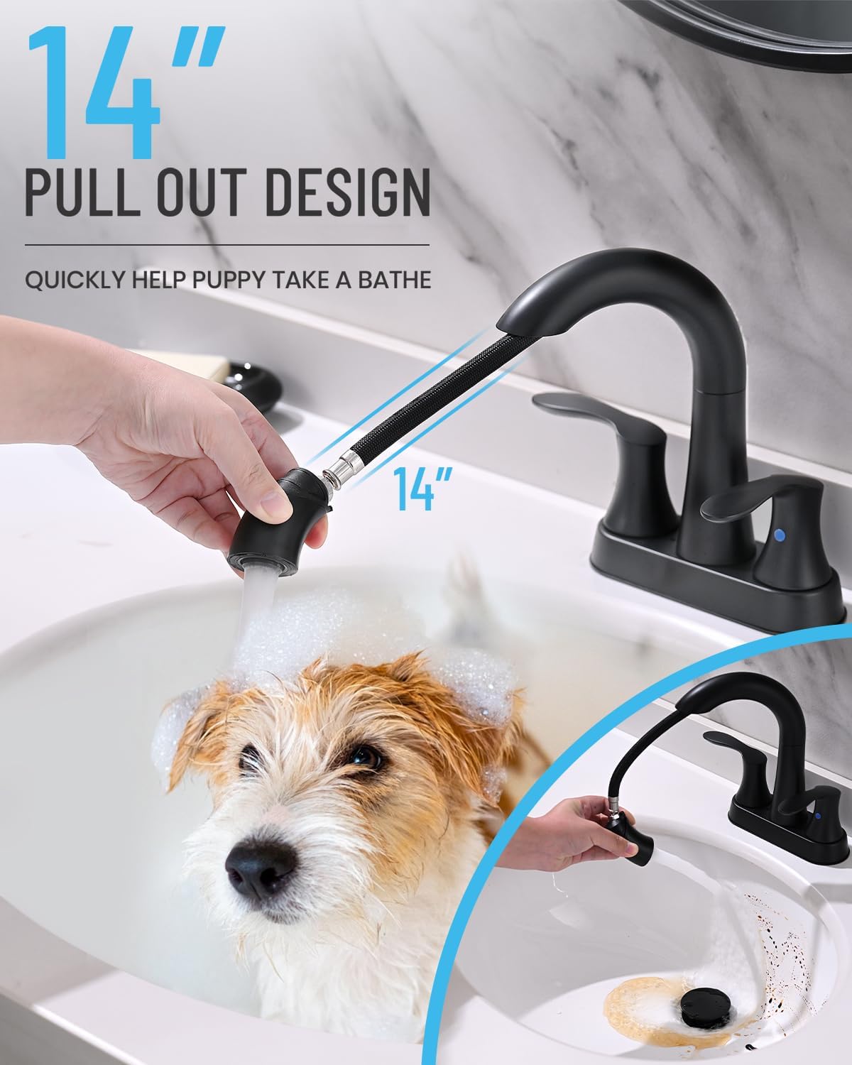 Bathroom Faucet with Pull Out Sprayer, 4 Inch 3 Hole Bathroom Sink Faucet, 360 Swivel Widespread Pull Down Bathroom Faucet with Pop Up Drain and Water Supply Line - Matte Black - Image 2